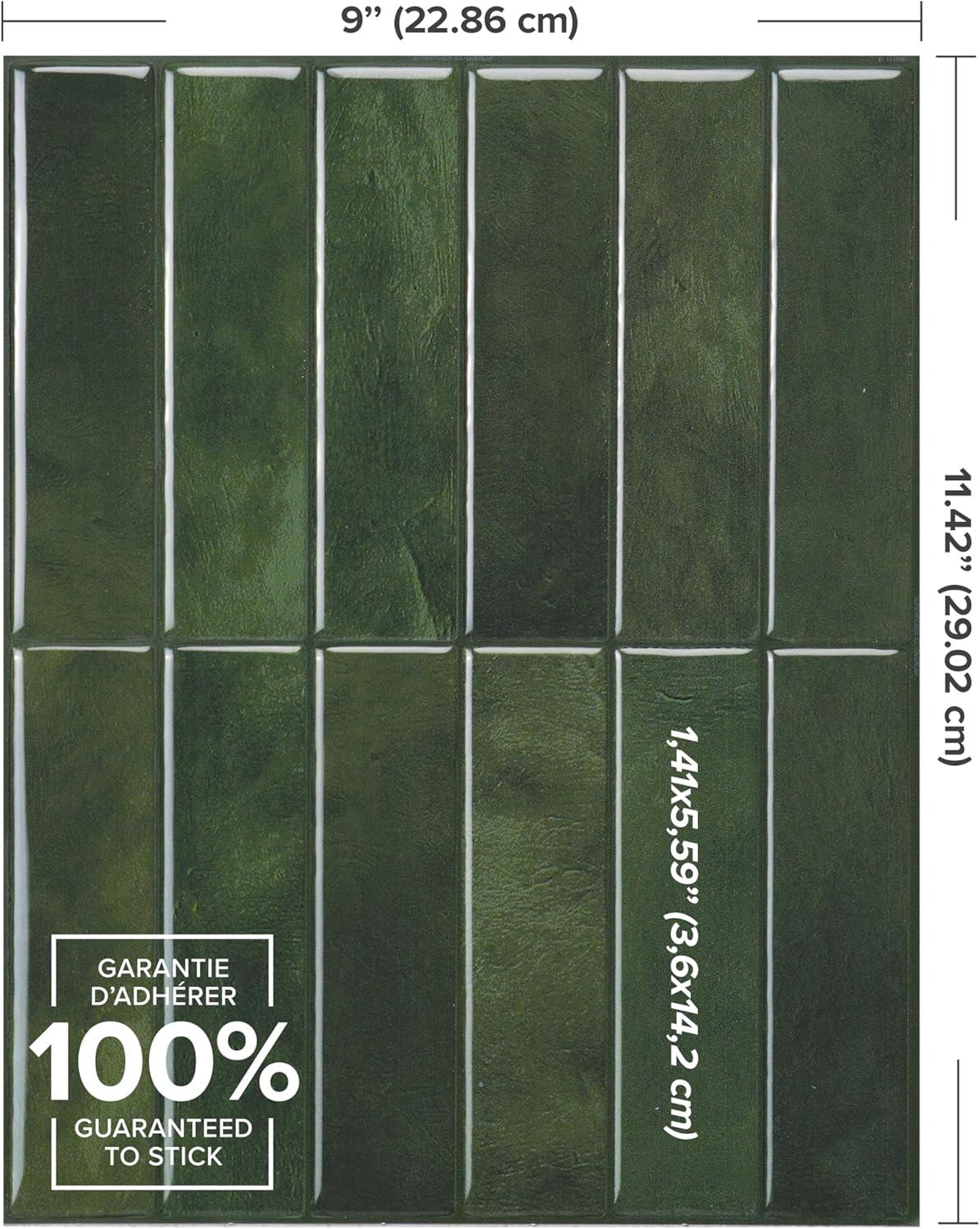Smart Tiles - 3D Adhesive Peel and Stick Backsplash Tile, Green - 5-Pack 11.43" x 9"