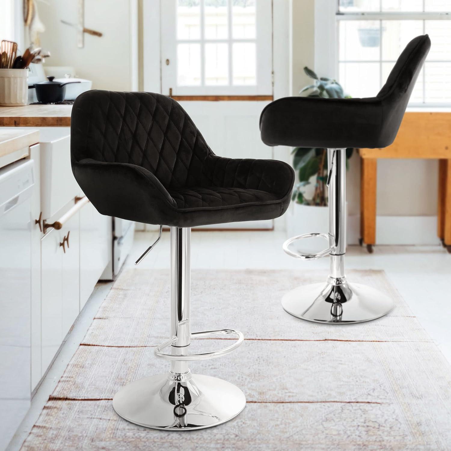 Elama 2 Piece Black Velvet Adjustable Swivel Bar Stools