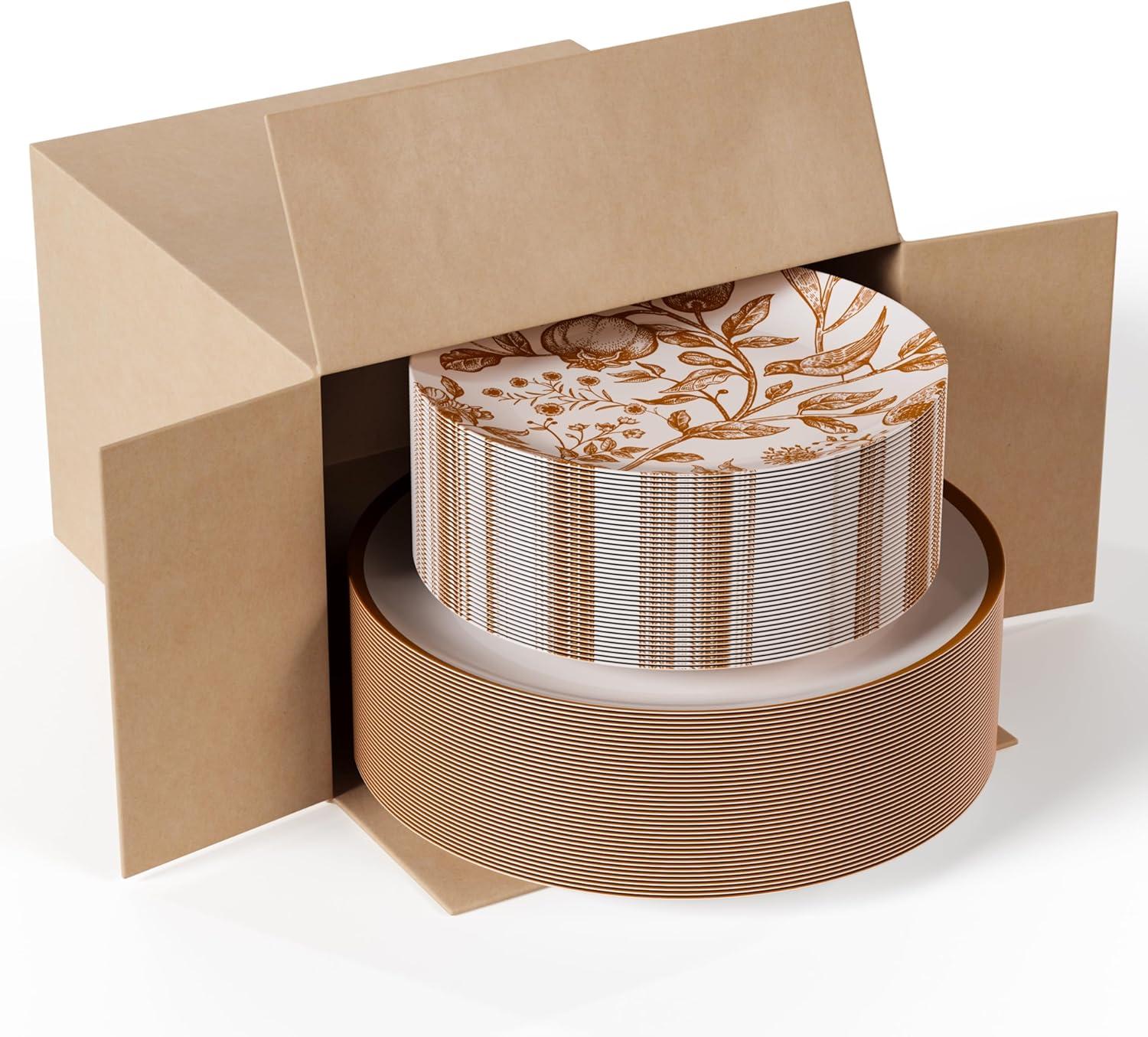 Trendables Plastic Disposable Plate Set 40 x 8" and 40 x 10" Brown and White Thanksgiving Plate with Pomegranate Design