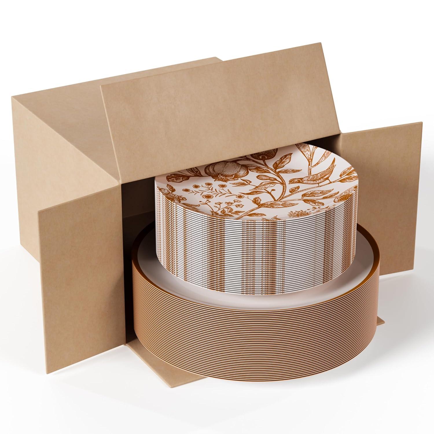 Trendables Plastic Disposable Plate Set 40 x 8" and 40 x 10" Brown and White Thanksgiving Plate with Pomegranate Design