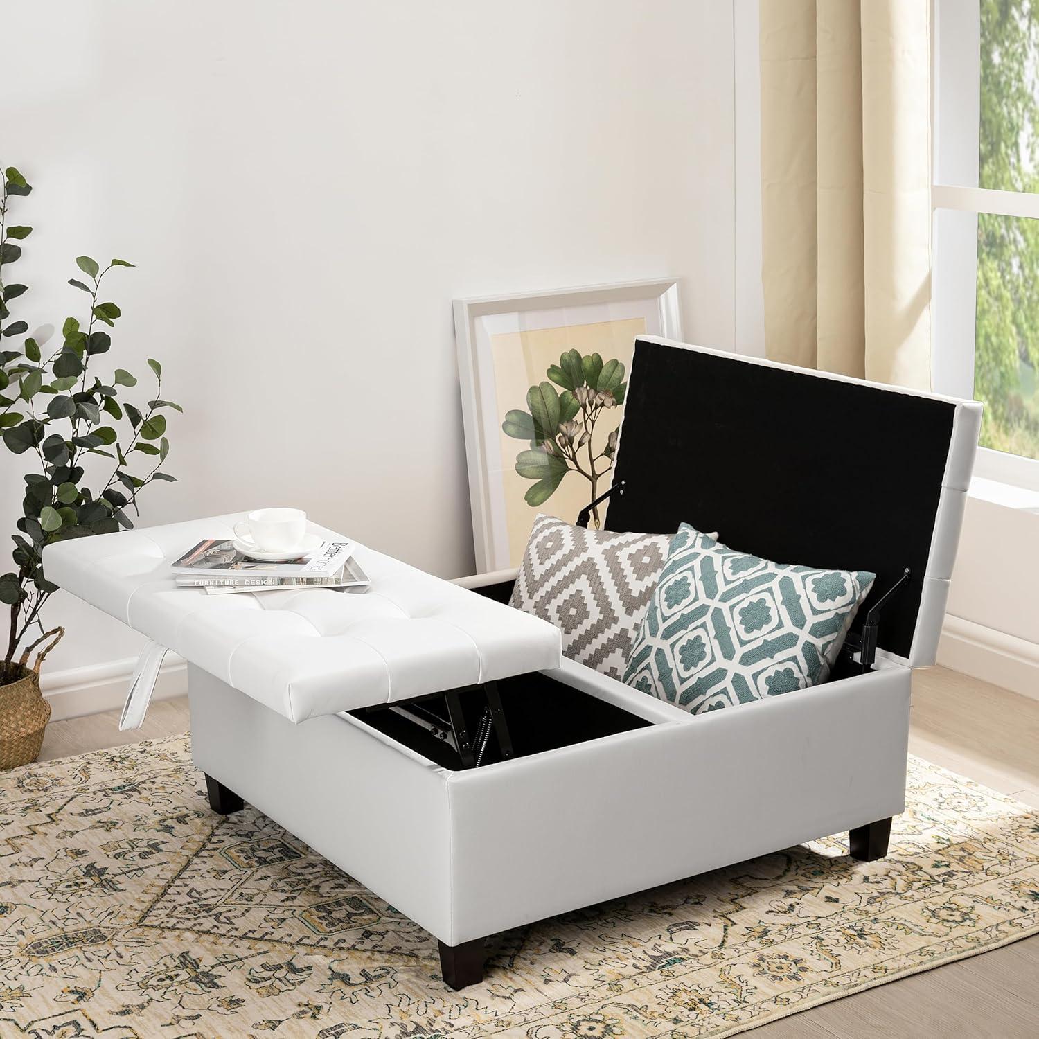 Ciara White Tufted Leather Lift-Top Storage Ottoman