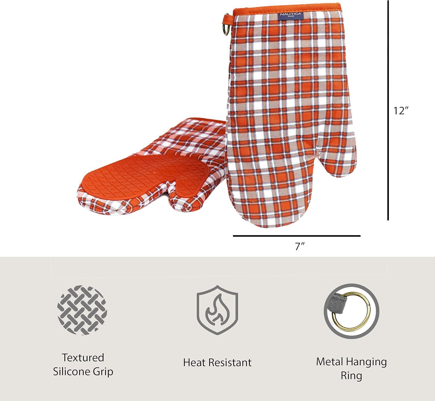 Red Plaid Cotton Oven Mitts with Silicone Palm, Set of 2