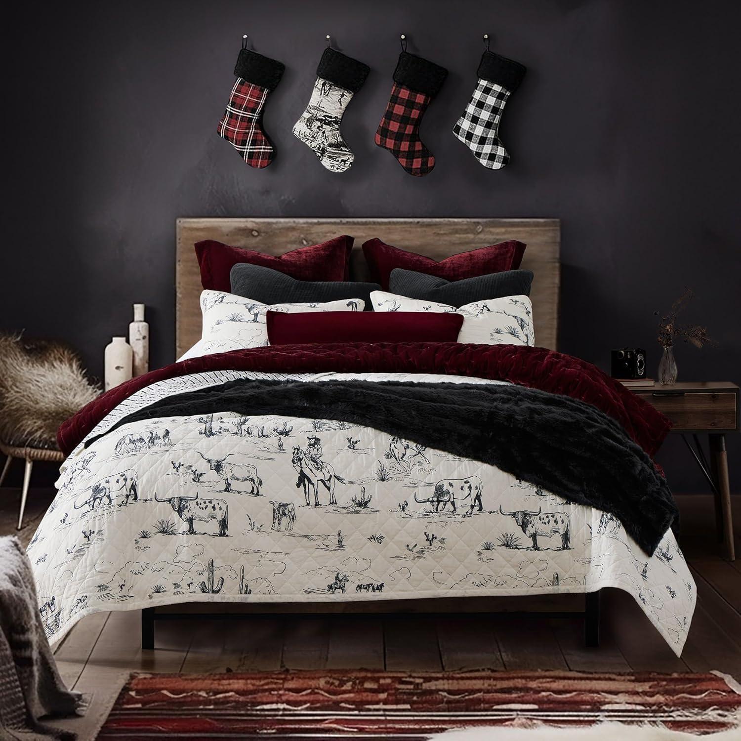 Paseo Road by HiEnd Accents Ranch Life White/Black Cotton Reversible Western Rustic Farmhouse 3 Piece Quilt Set