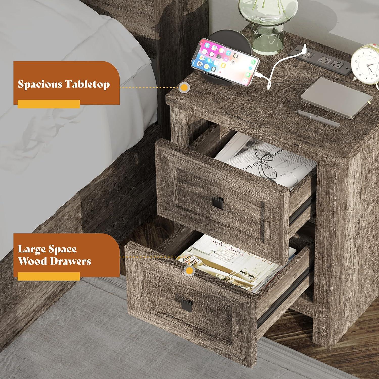 Merluxy Nightstand Set of 2 with Charging Station, Wood End Table with 2 Drawers Storage Cabinet Grey