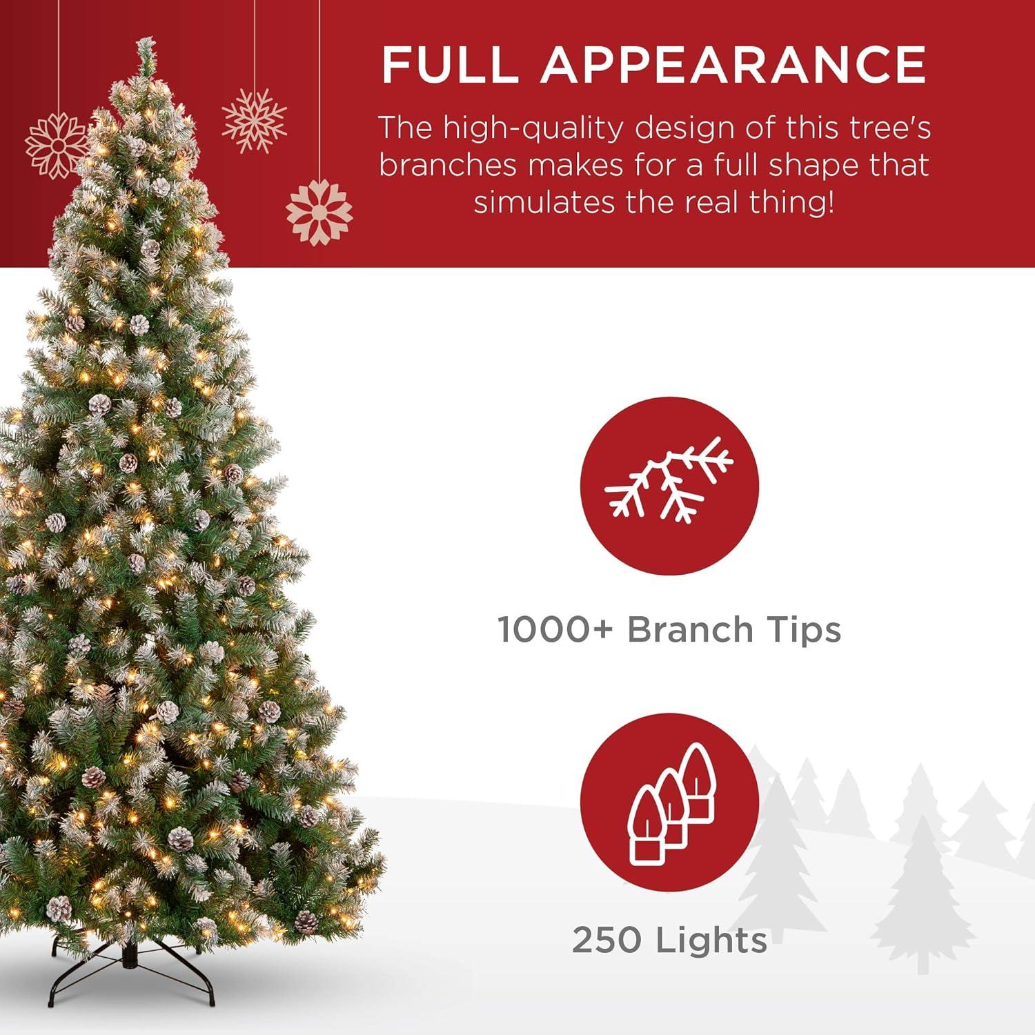 Best Choice Products 6ft Pre-Lit Pre-Decorated Holiday Christmas Tree w/ 1,000 Flocked Tips, 250 Lights, Metal Base