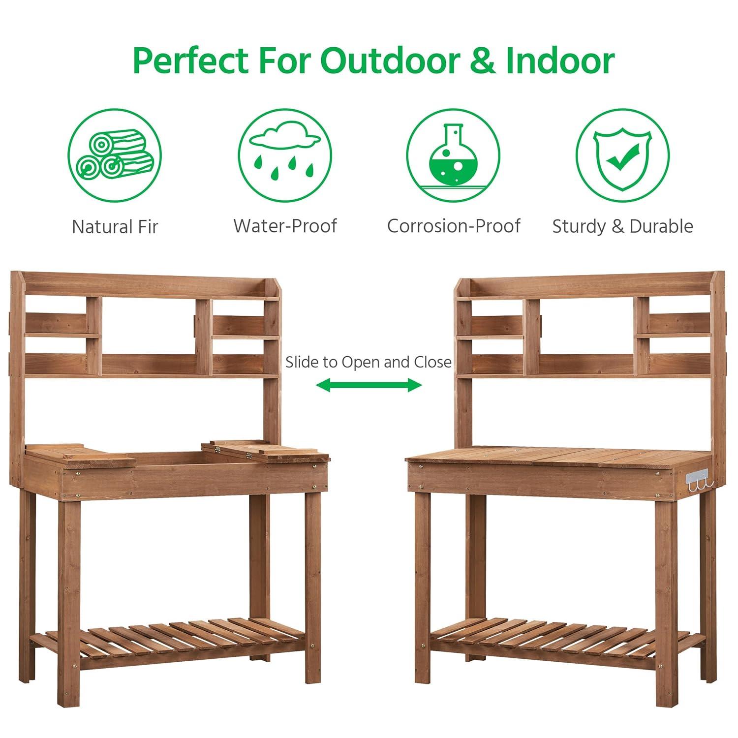Yaheetech Potting Bench Table with Display Rack/ Storage Shelf/ Hanger, Brown