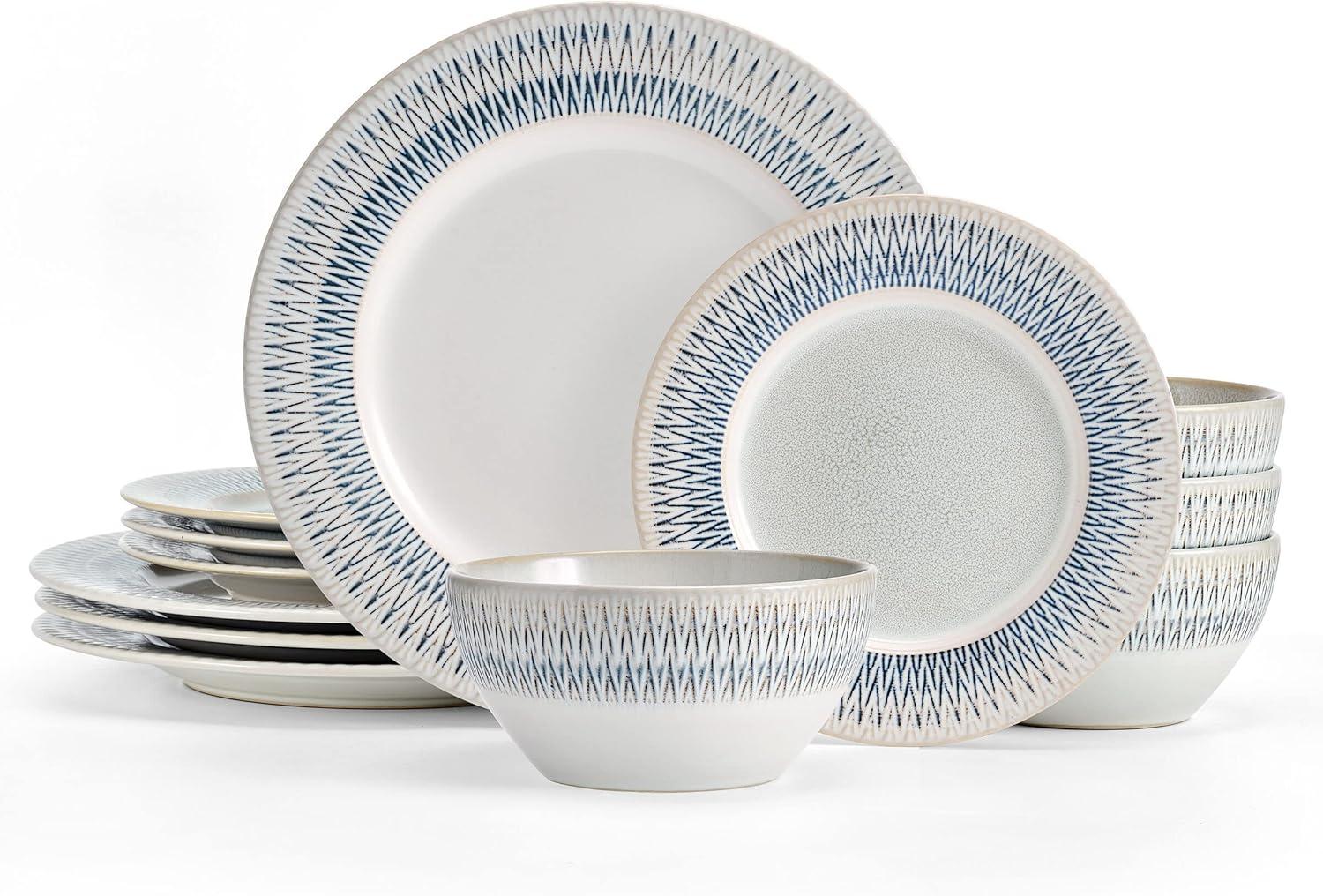 Casey White and Blue Ceramic 12-Piece Dinnerware Set