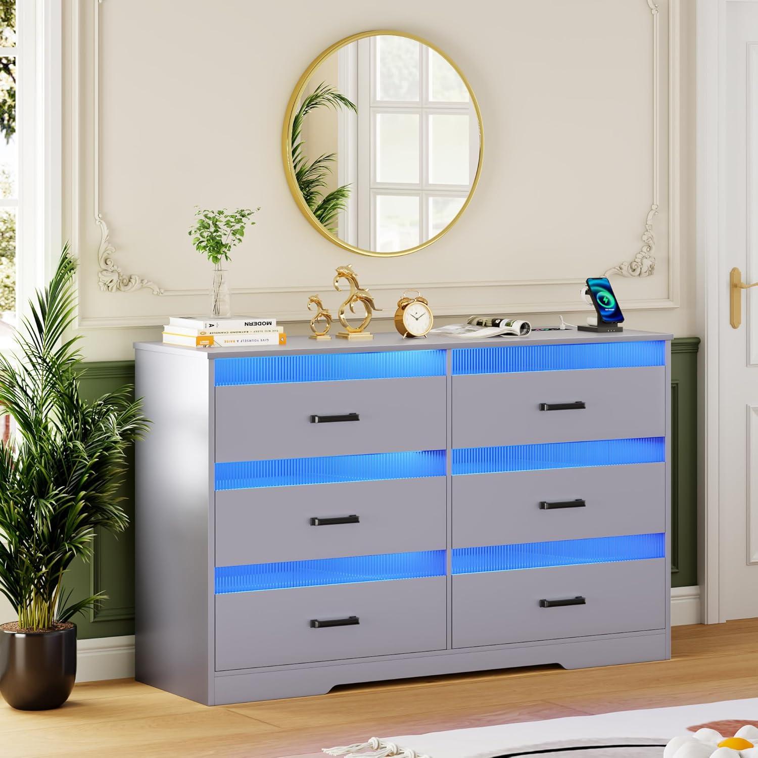 Gray Modern 6-Drawer Dresser with LED Lights and Charging Station