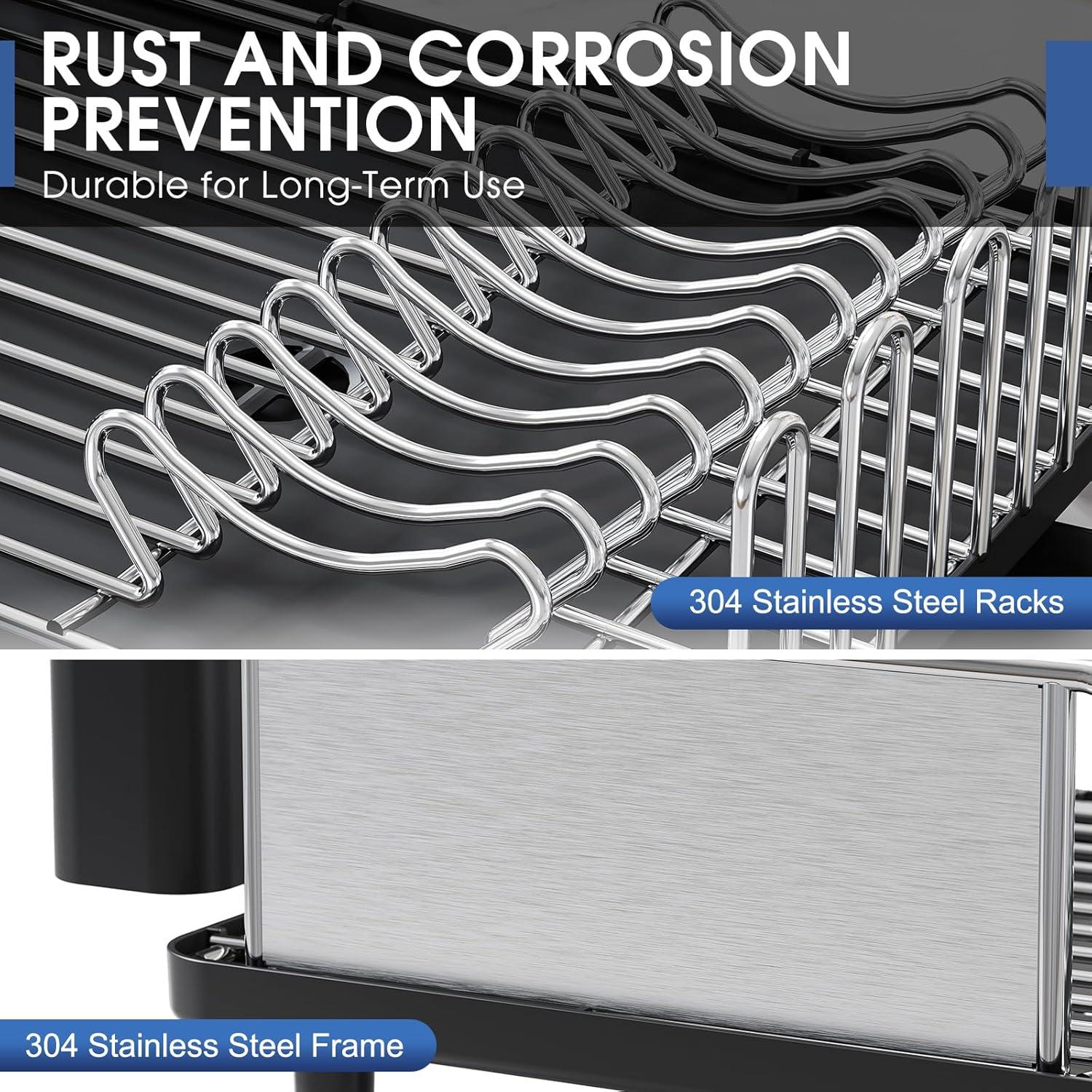 Large Black Stainless Steel Dish Drying Rack with Utensil Cup