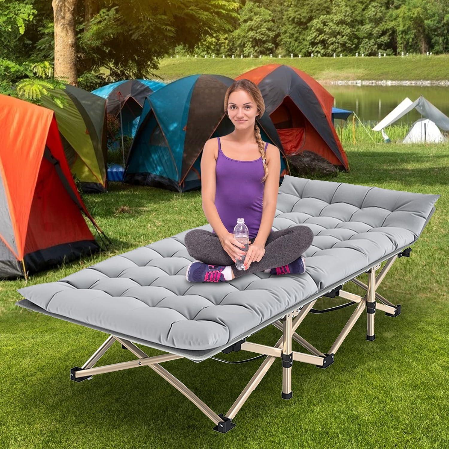 Folding Camping Cots for Adults, Folding Cot with Mattress Camping Bed Camp Cot Portable Military Cot, Double Layer Oxford Strong Heavy Duty Sleeping Cots with Carry Bag for Camp Office Use