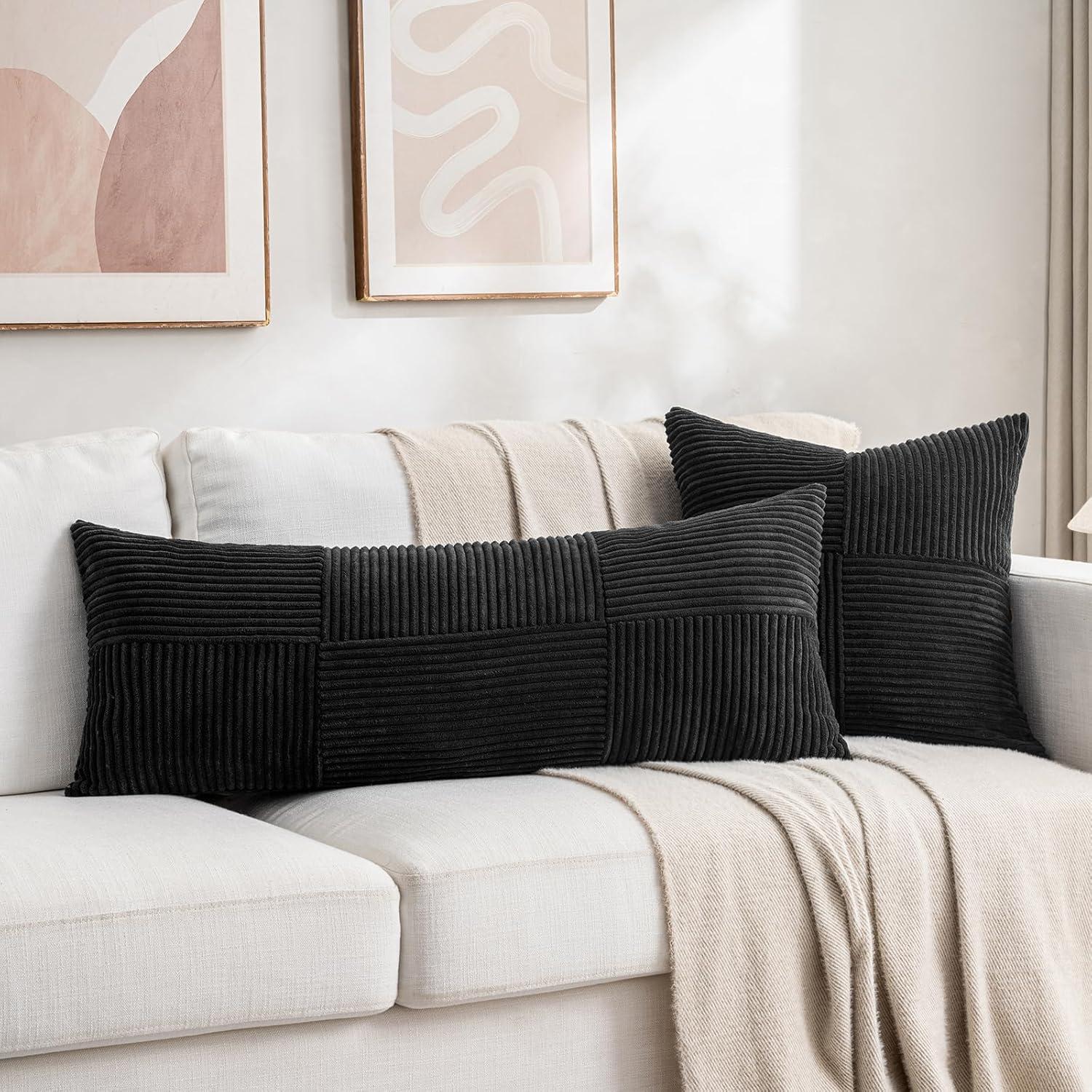 Boho Sage Green Striped Corduroy Pillow Covers - Set of 2 | Farmhouse Rectangle Cushion Cases for Sofa Couch Bed | Soft Decorative Throw Pillowcases - 12x20 Inch Home Decor