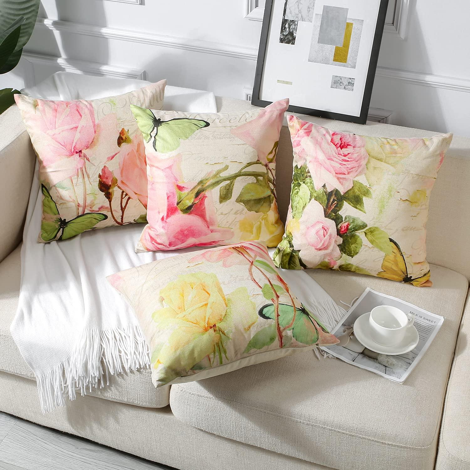 Artscope Set of 4 Waterproof Throw Pillow Covers 18x18 Inches, Pink Roses and Butterfly Pattern Decorative Cushion Covers, Perfect to Outdoor Patio Garden Living Room Sofa Farmhouse Decor
