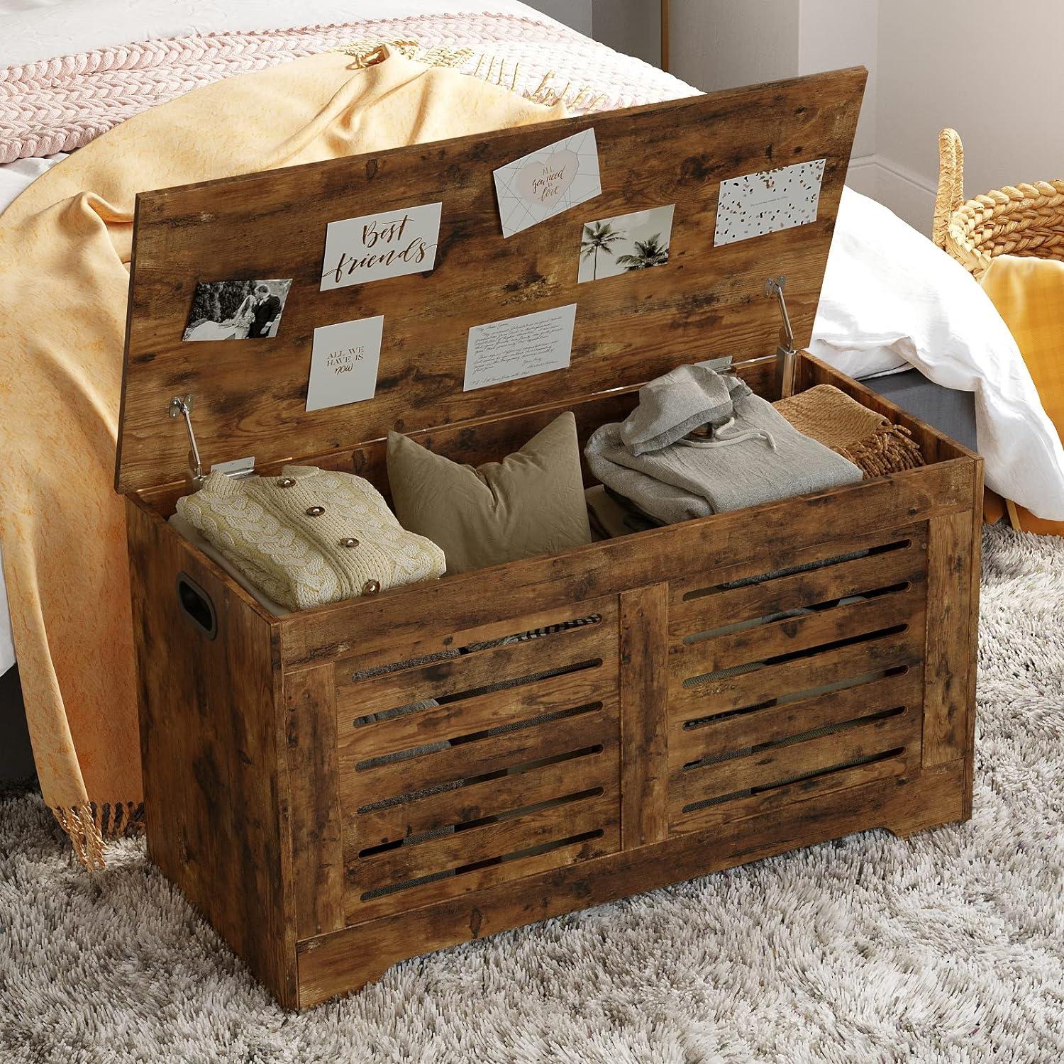 Rustic Brown Wooden Flip-Top Storage Chest with Safety Hinges