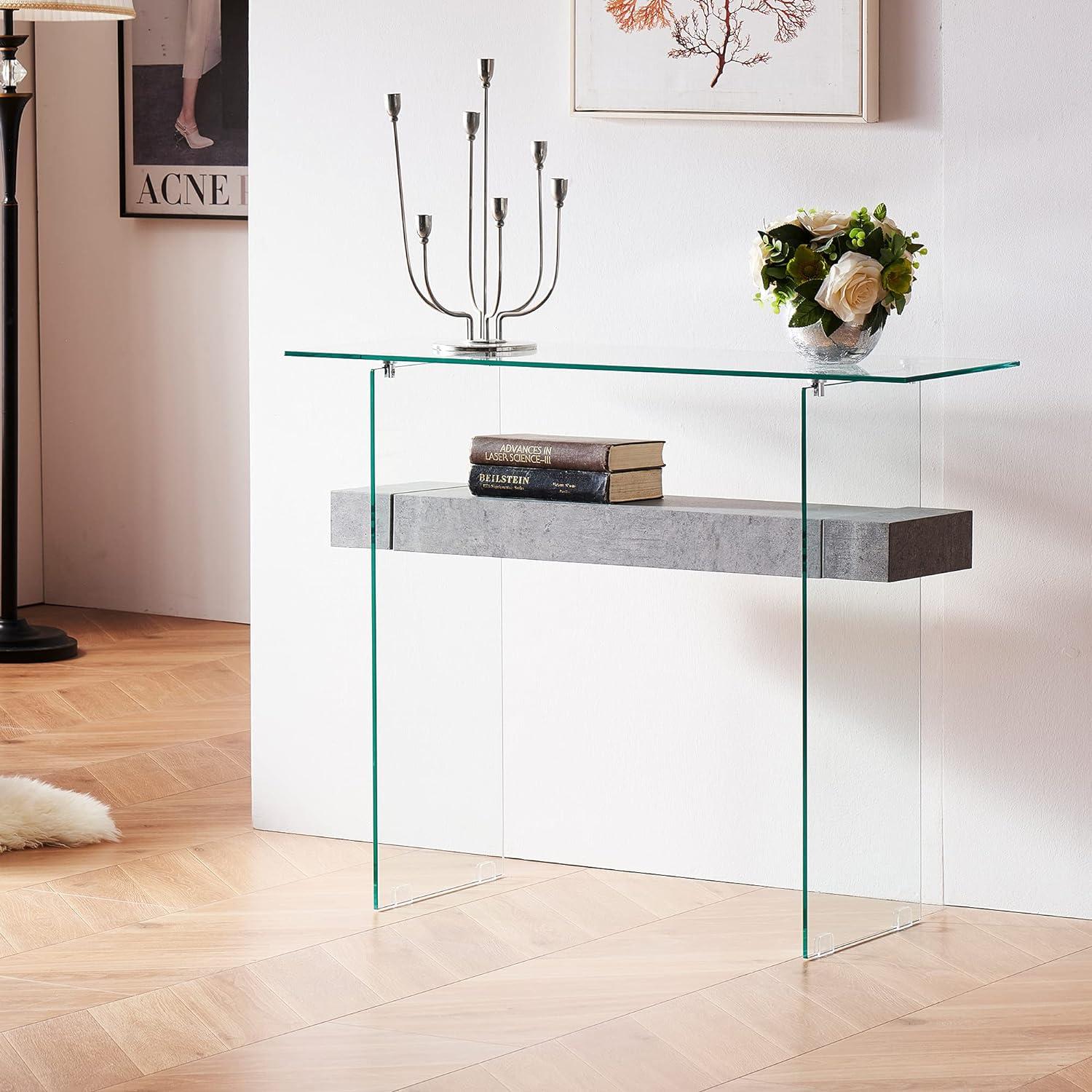 Sleek Dark Brown Glass-Top Console Table with Storage, 39.4"