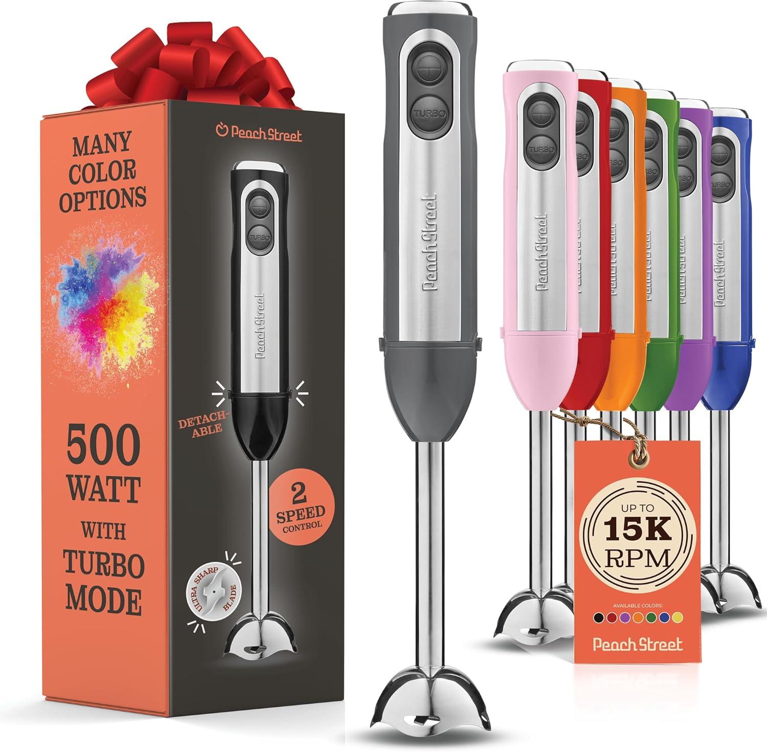 Peach Street Electric Immersion Blender Handheld, 500W Turbo Mode, Hand Kitchen Blender Stick for Soup, Smoothie, Puree, Baby Food, Stainless Steel