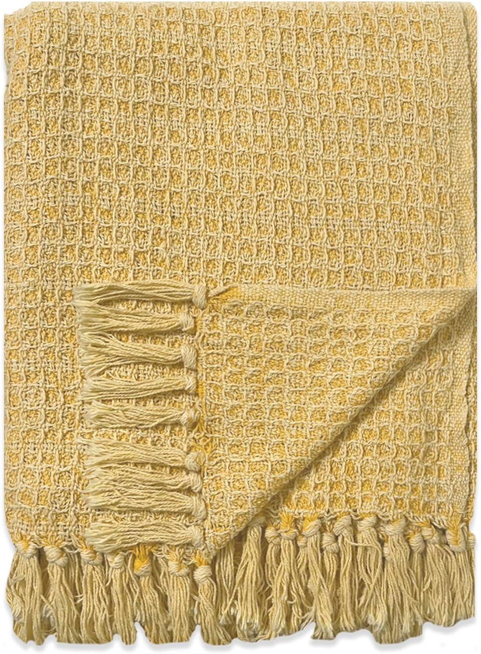 Yellow Cotton Waffle Weave Throw Blanket, 50x60 Inch