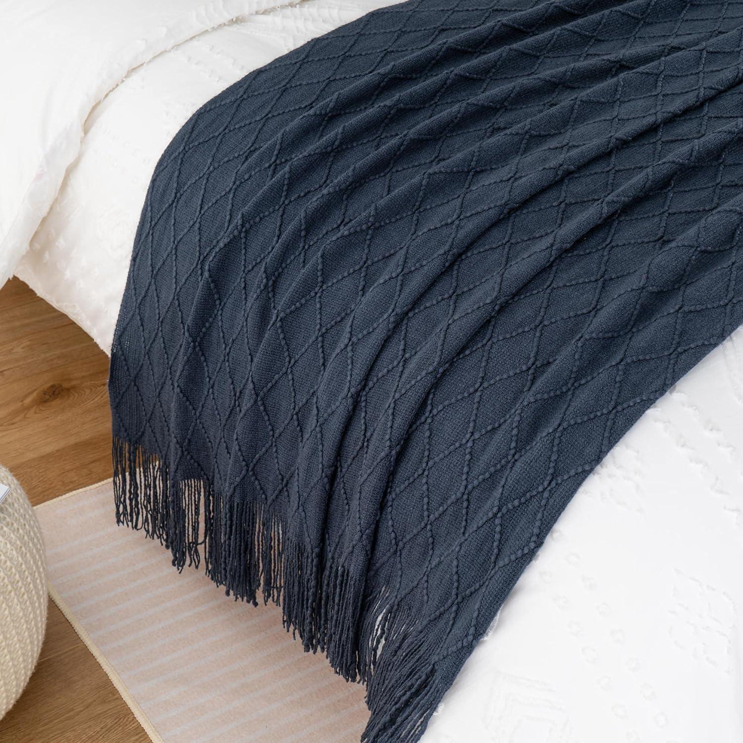 Battilo Navy Throw Blanket,Soft Lightweight Textured Decorative Blanket with Tassel, Housewarming Gifts,50"x60"