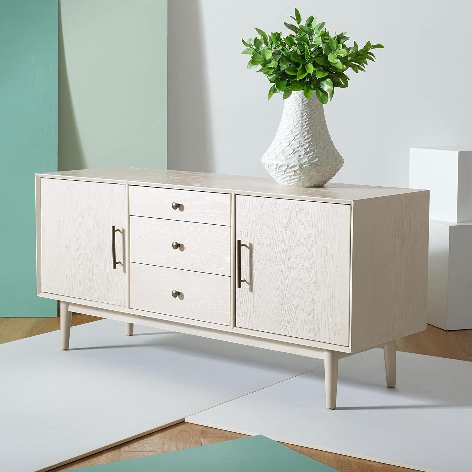 Elissa White Washed Mid-Century Media Stand with Bronze Hardware