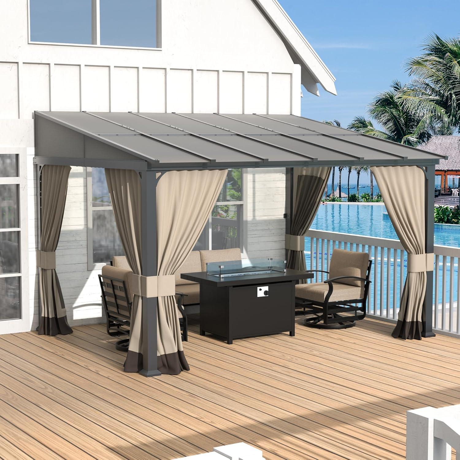 10 ft. x 12 ft. Brown Hardtop Wall Mounted Gazebo with Sloping Pitched Roof and Curtain Sand