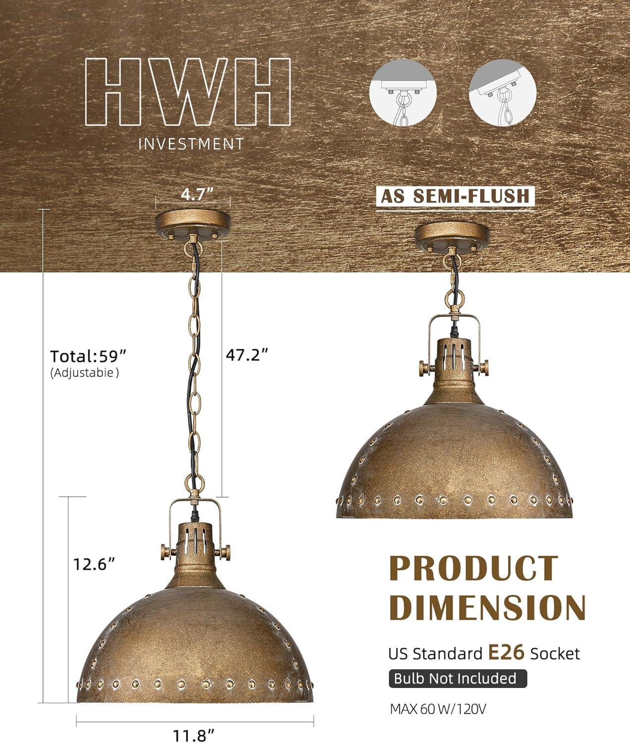 Farmhouse Pendant Light Fixtures, HWH Barn Hanging Lighting for Kitchen Island 12'' with Height Adjustable Chain, Antique Brass Kitchen Island Lighting with Metal Dome Shade, 5HZG103H RG