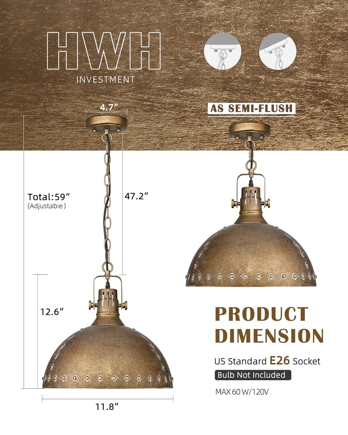 Farmhouse Pendant Light Fixtures, HWH Barn Hanging Lighting for Kitchen Island 12'' with Height Adjustable Chain, Antique Brass Kitchen Island Lighting with Metal Dome Shade, 5HZG103H RG