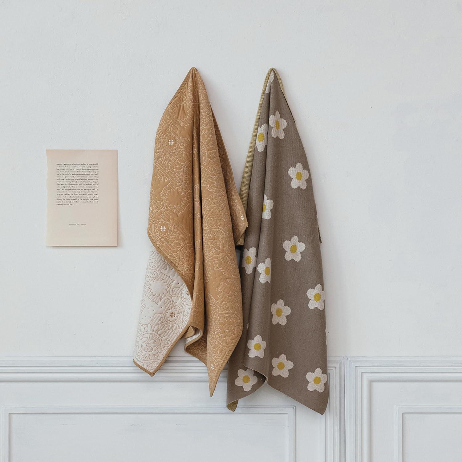 Creative Co-Op Cotton Knit Baby Blanket with Printed Flowers, Brown and White