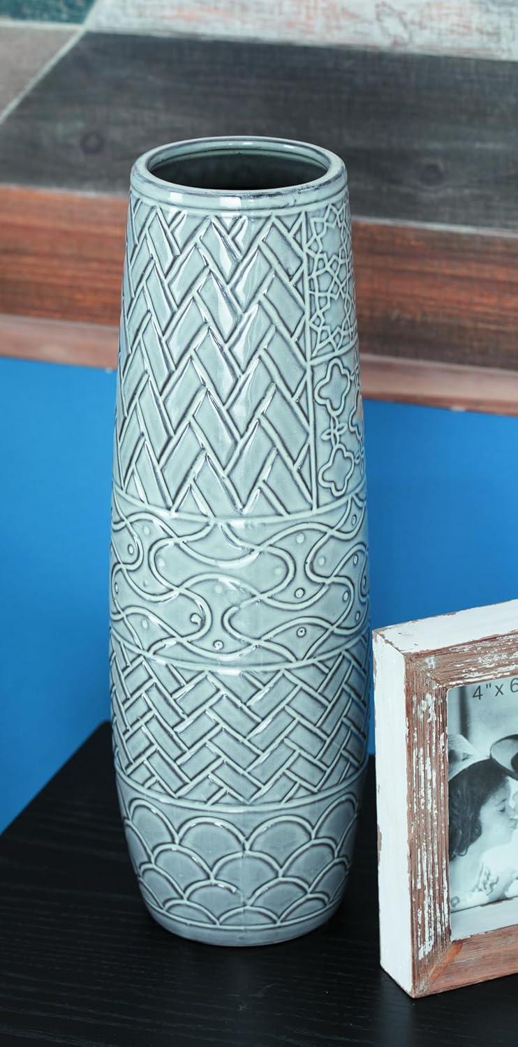 Bungalow Rose Ceramic Slim Engraved Patterned Decorative Gray Vase