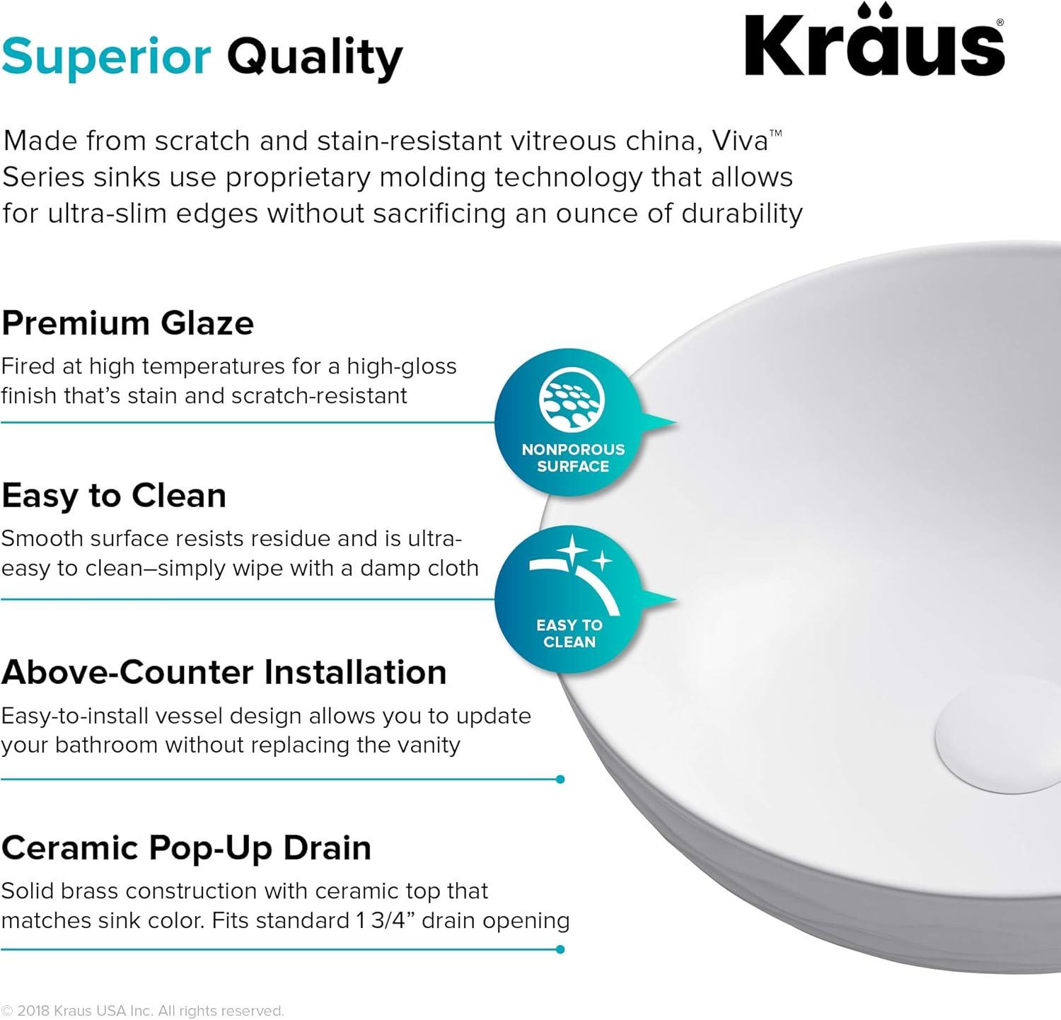 KRAUS Viva™ Thin Porcelain Ceramic Vessel Bathroom Sink with Pop-Up Drain