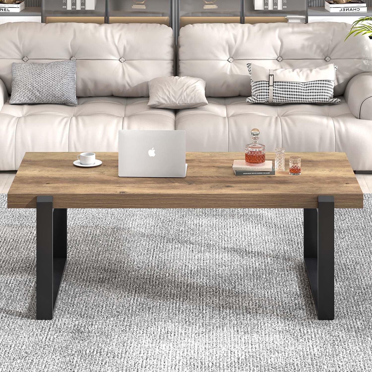 FOLUBAN Coffee Table, Modern Rustic Wood and Metal Center Table with Storage, Industrial Cocktail Tea Table for Living Room, Oak, 47 Inch