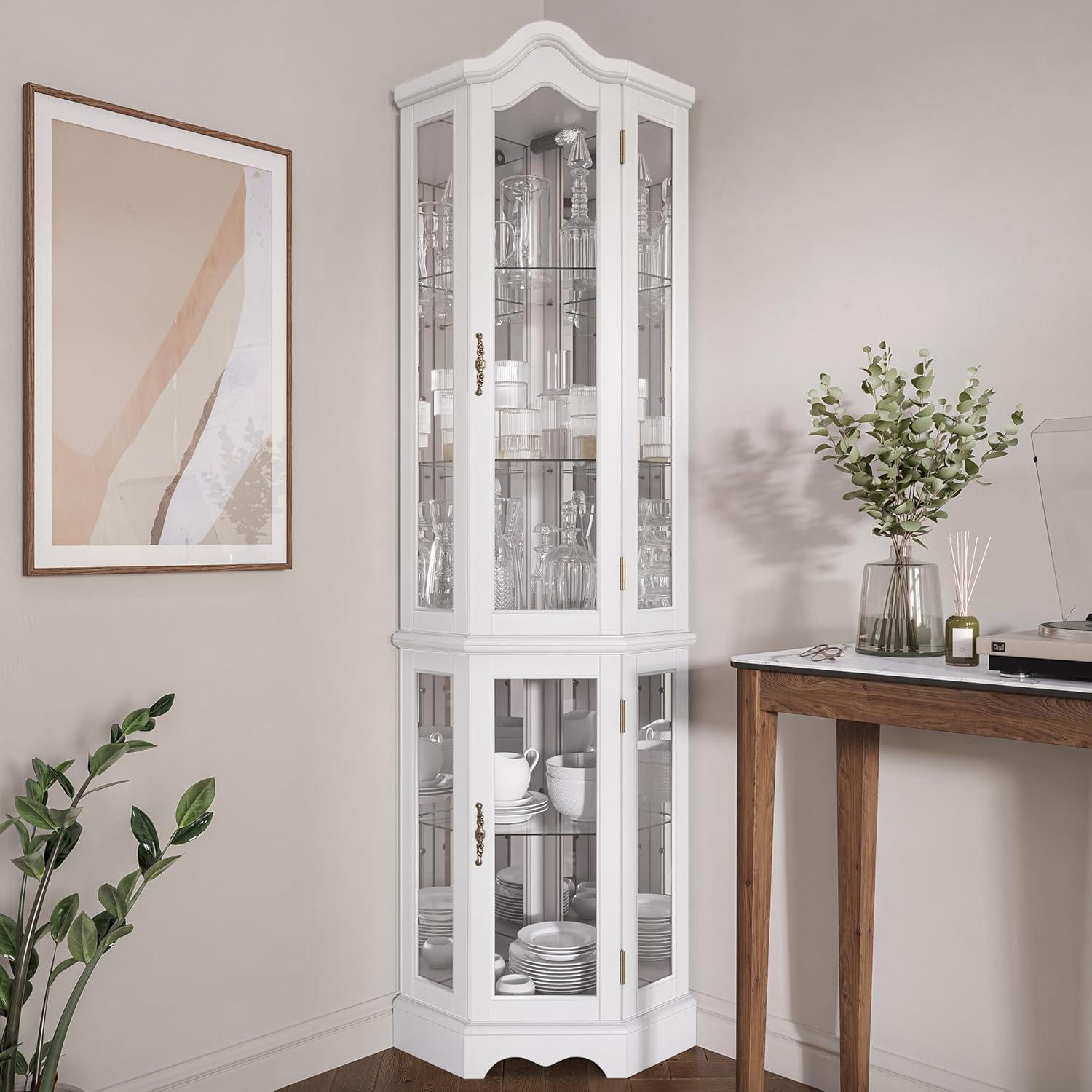 BELLEZE Lighted 3-Side Glass Display Curio Cabinet w/ Tempered Glass Doors and Shelves, Curved Wood Corner Cabinet with Bulb, Corner Storage Decoration Rack for Living room & Bedroom Loraine (White)
