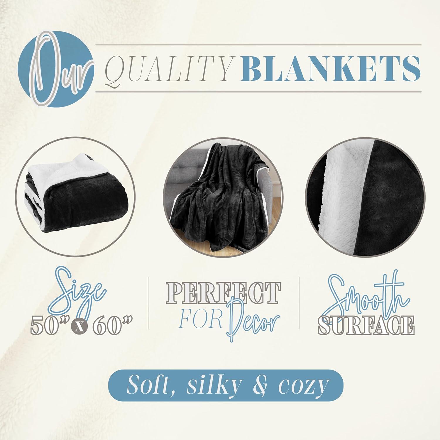 Elegant Comfort Throw Blanket, Reversible Sherpa Flannel, Ultra-Soft, Fuzzy, Cozy and Plush- All Season Lightweight Decorative Throw, 50 x 60 inches, Solid Sherpa Throw, Black