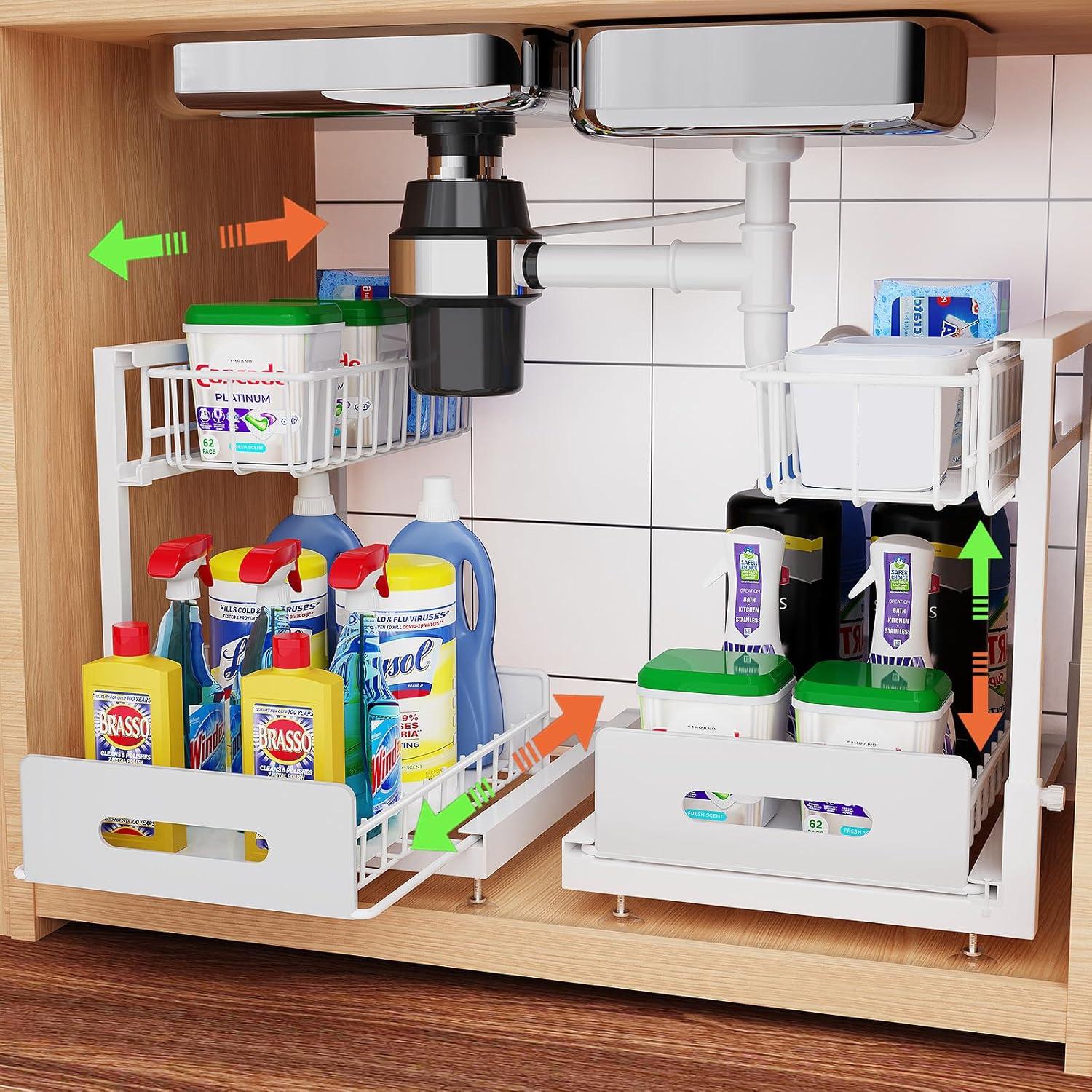 Delamu 2 Pack Under Sink Organizer and Storage, 2 Tier Pull Out Cabinet Organizer, Slide Out Under Sink Storage Shelf for Kitchen Bathroom, White