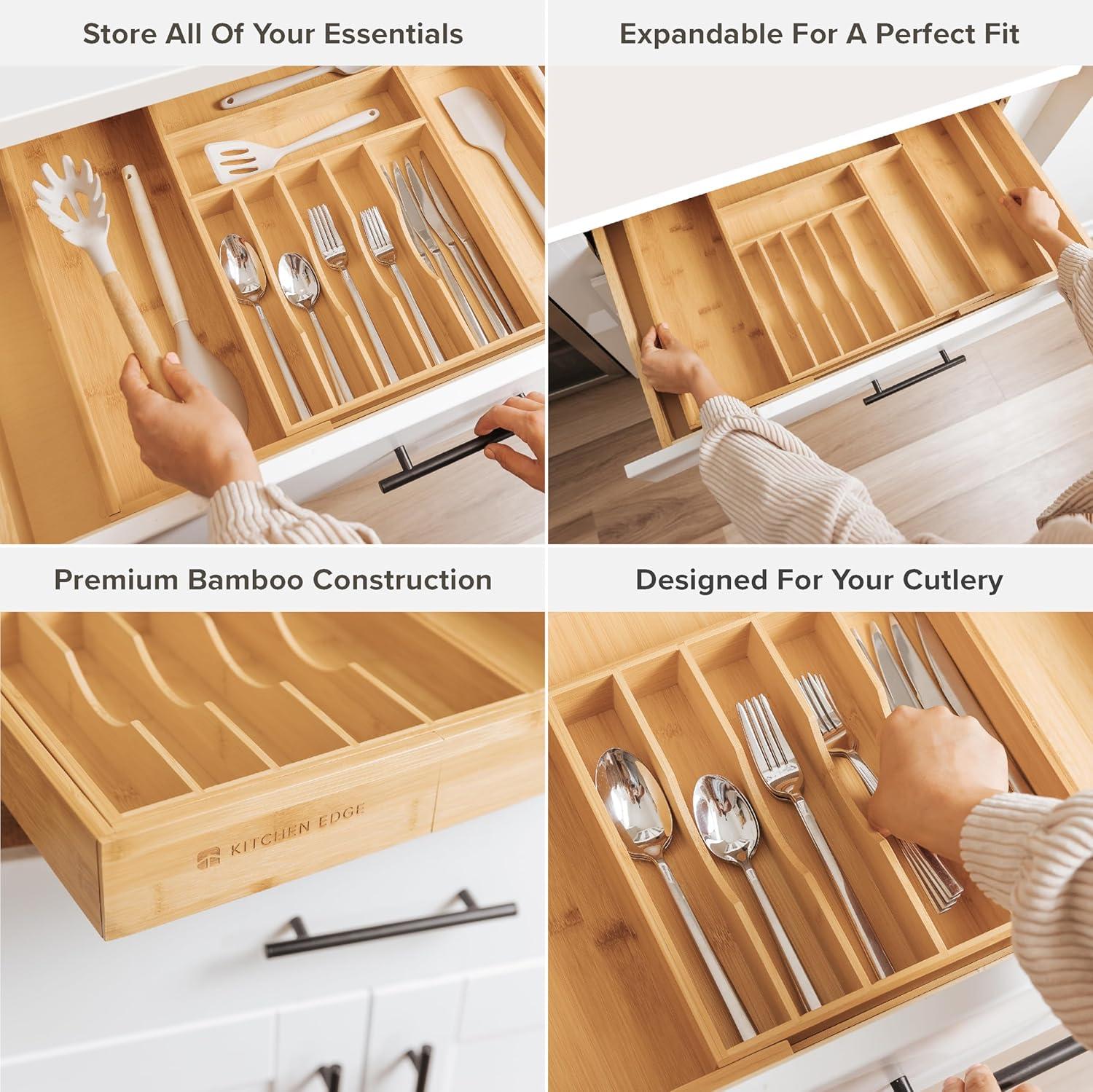 KitchenEdge Utensil Bamboo Organizer for Kitchen Drawers, Expandable to 28 in, 10 Compartments