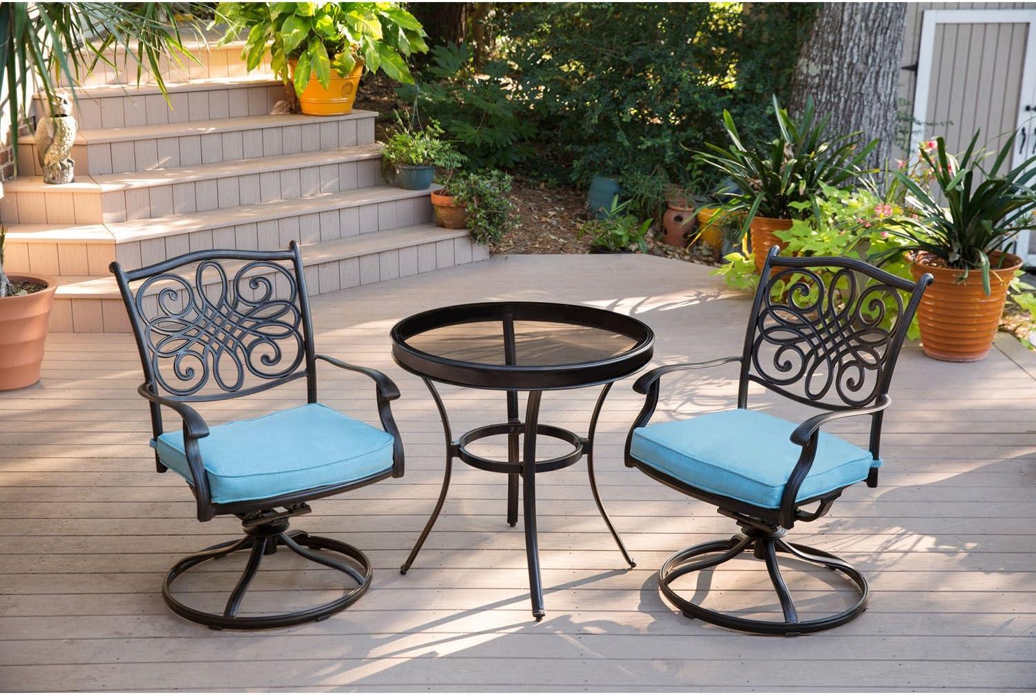 Elegant Traditions 3-Piece Cast Aluminum Swivel Bistro Set with Blue Cushions