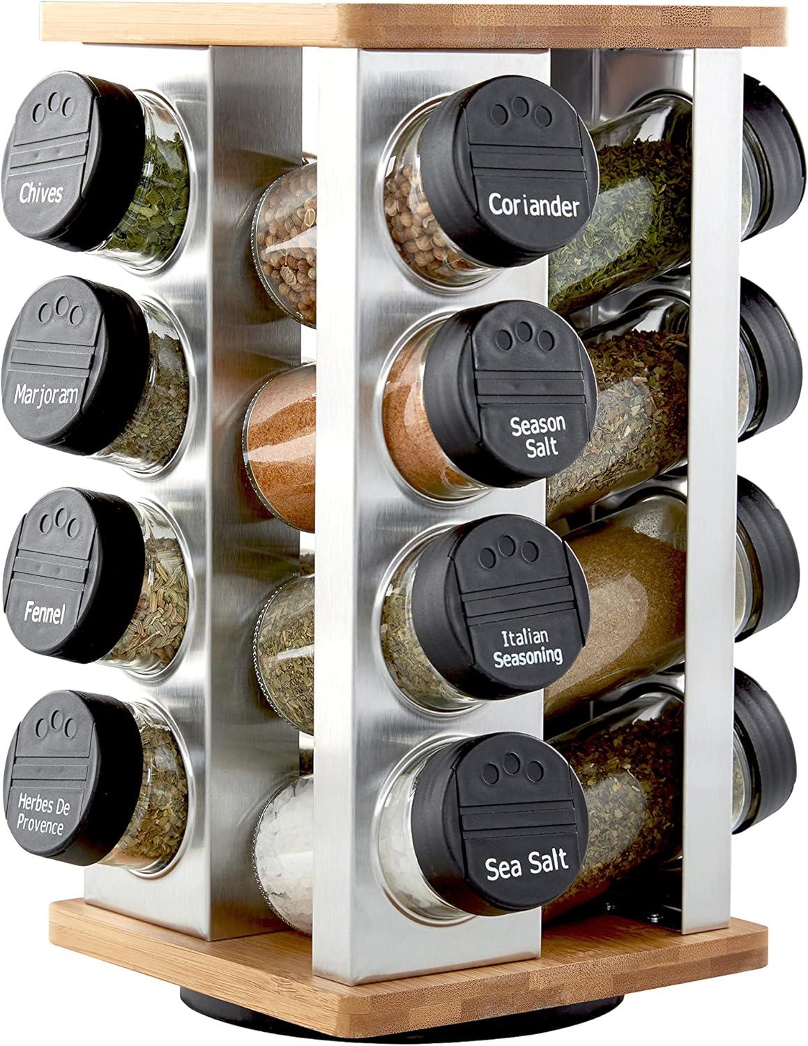 Bamboo and Stainless Steel Revolving Countertop Spice Rack with 16 Jars