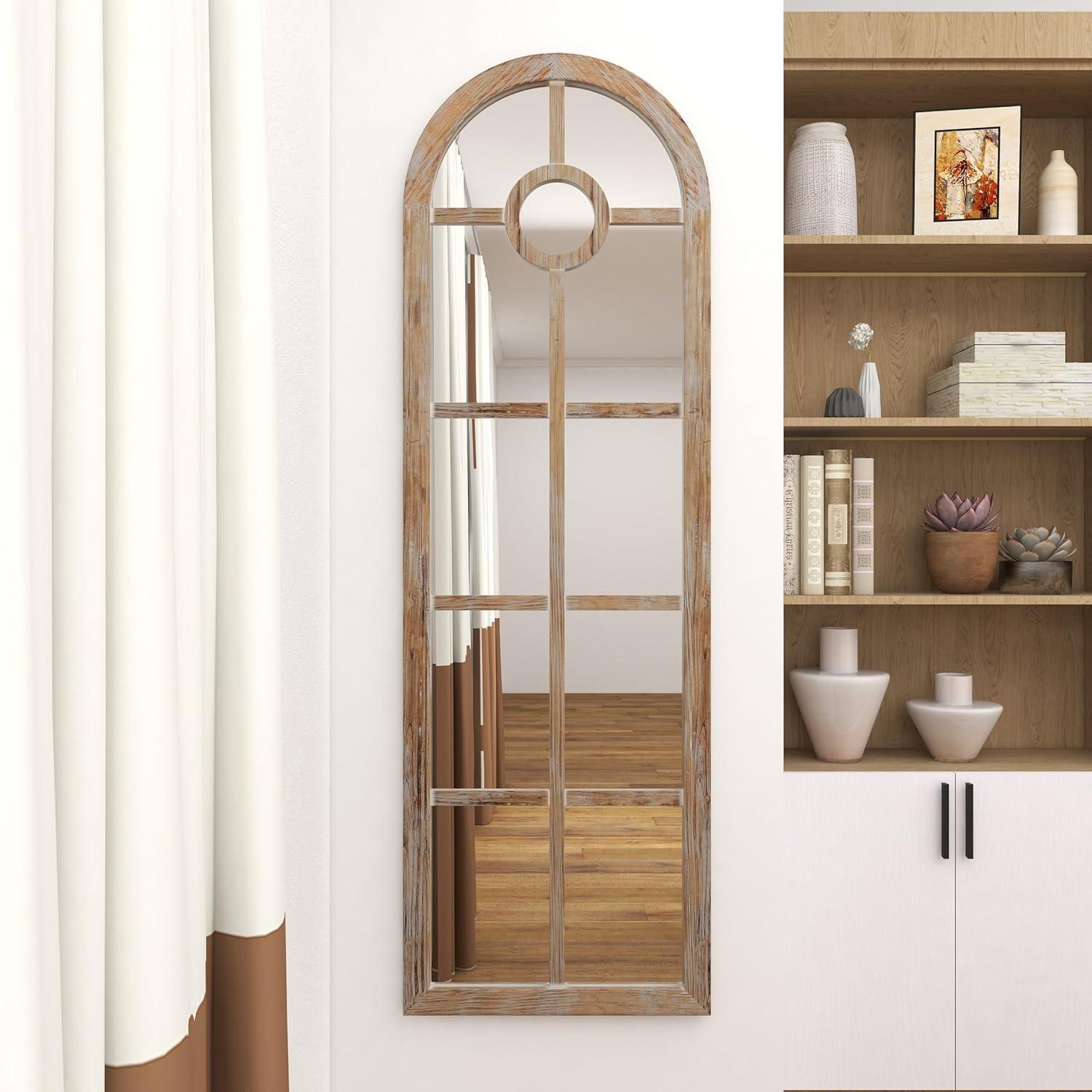 DecMode Contemporary Squre Wood Window Shaped Wall Mirror, 56"W x 44"H with Distressed Brass Colored Frame