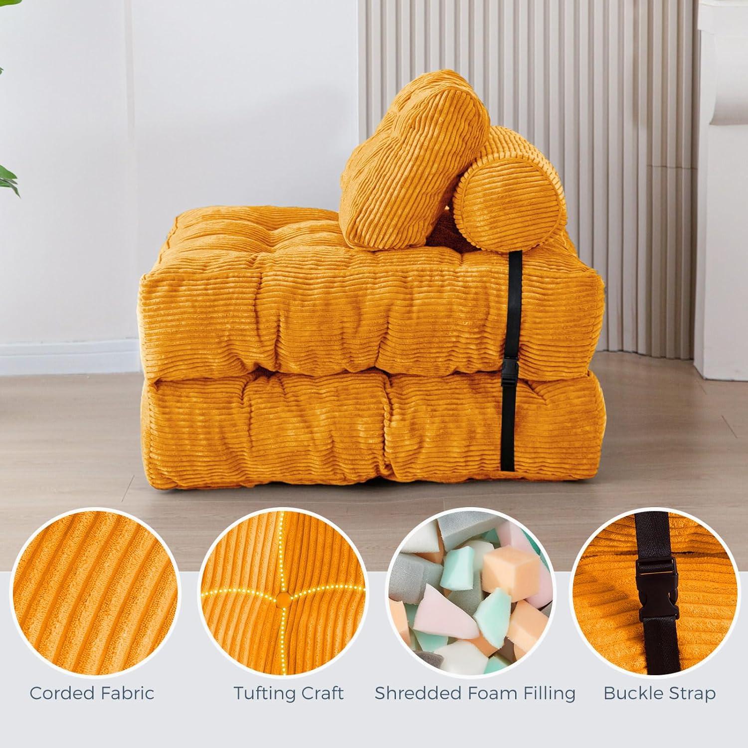 Folding Sofa Bed, Convertible Sleeper Chair with  with Back Support, Portable Fold Out Chair Bed Comfy Floor Sofa Lounge for Living Room Bedroom, Orange, Single