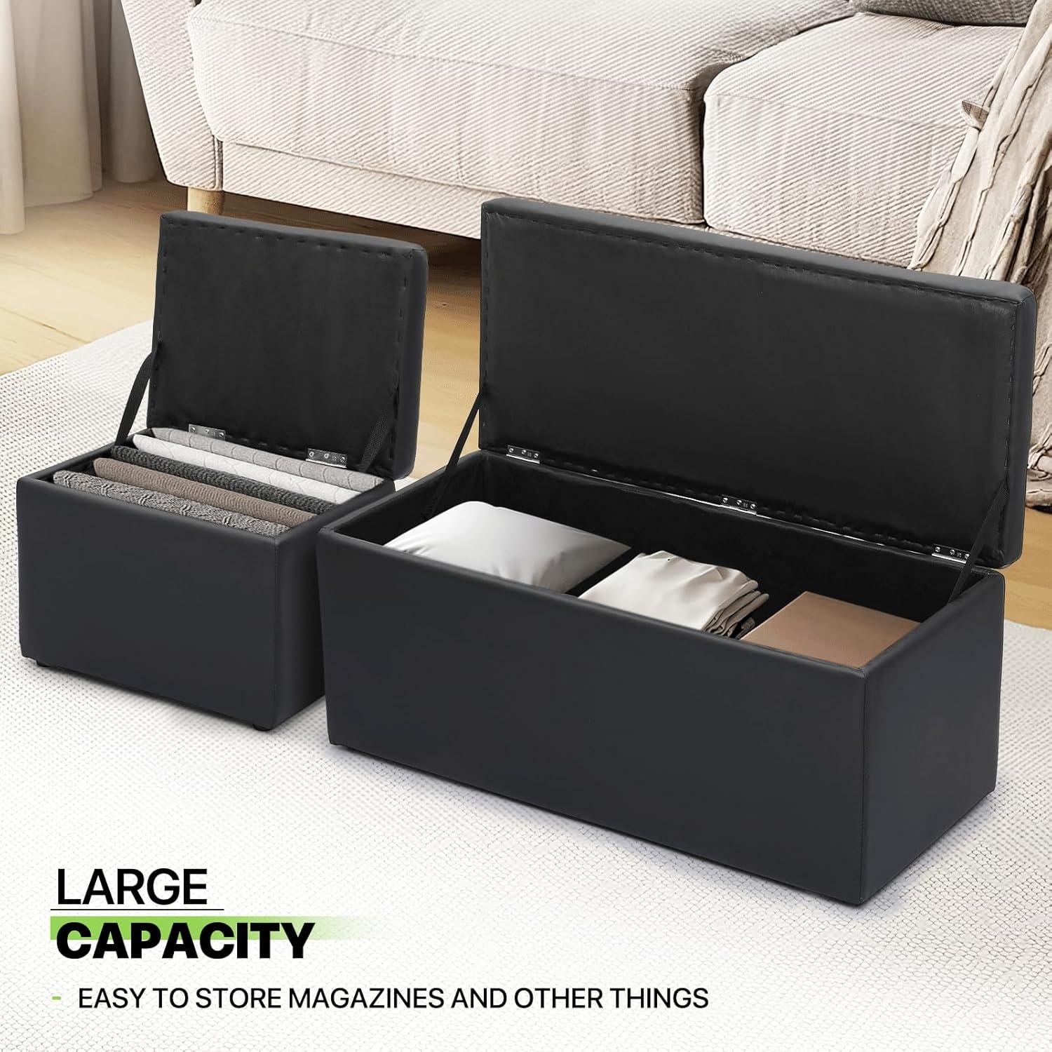 Magshion Rectangular Storage Ottoman Bench Tufted Footrest with Cube Ottomans Set of 3 PU Leather Black