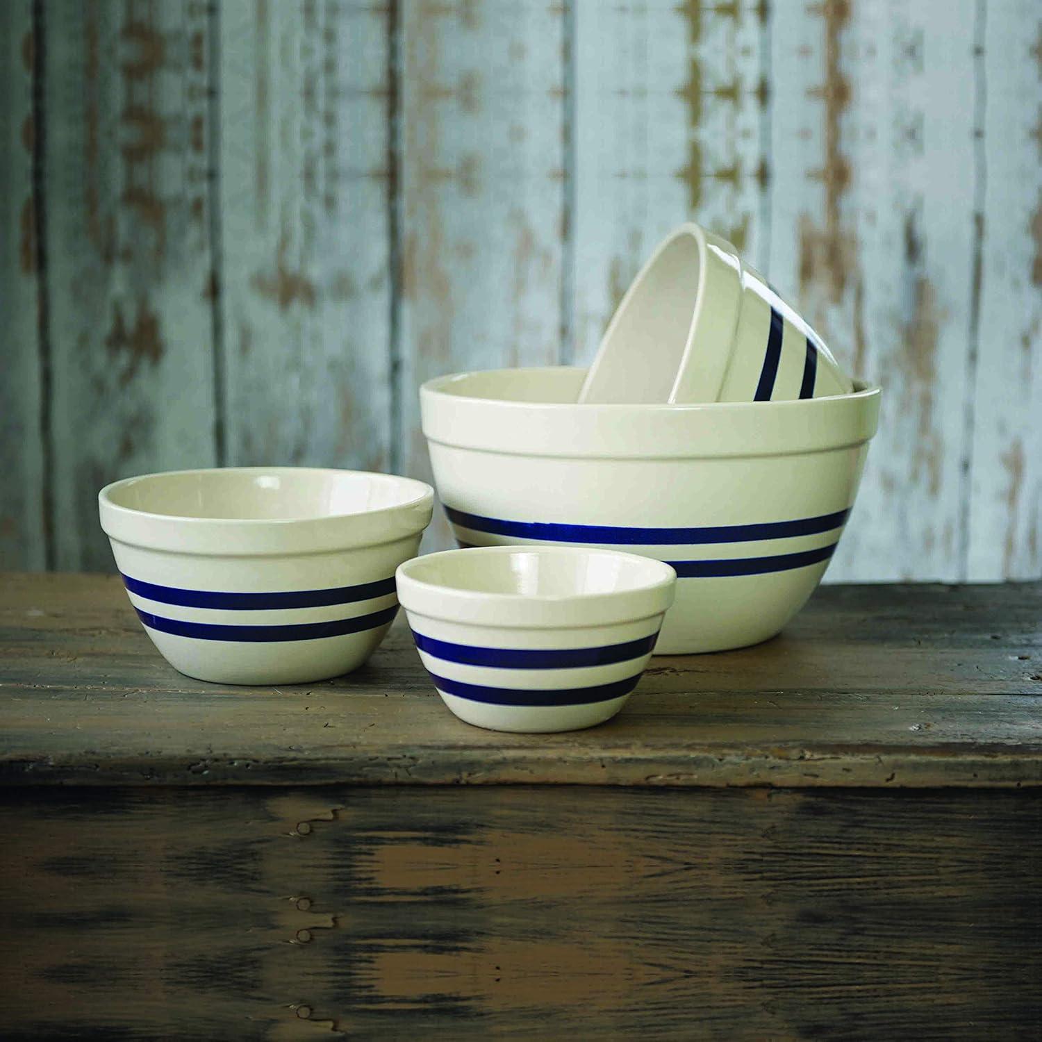 Ohio Stoneware Dominion Mixing Bowl, Stoneware with Food Safe Glaze, Tan with Blue Stripe, 12 inches
