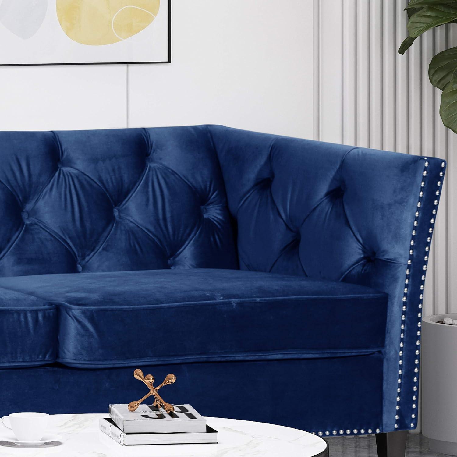 Midnight Blue Velvet Tufted 3-Seater Sofa with Nailhead Trim