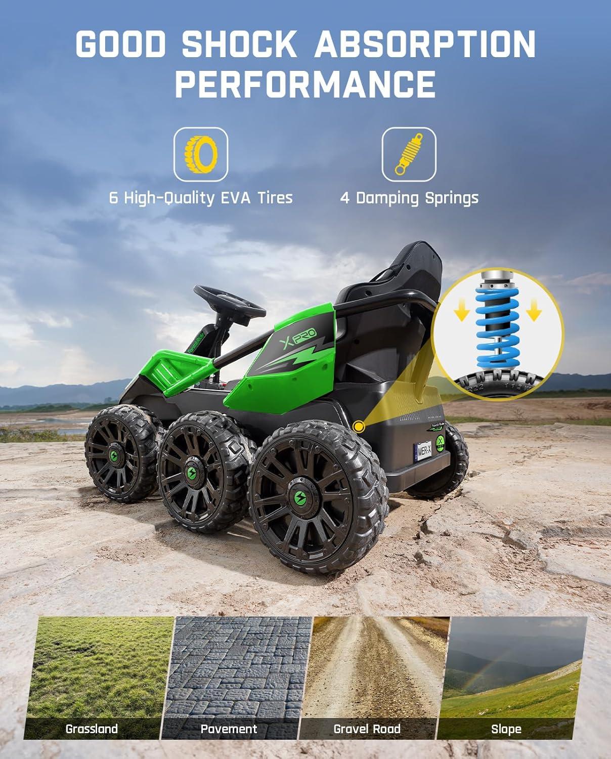 FanttikRide 24V Ride on Toys for Big Kids, 6 Eva Wheels UTV, 4x75W 5.9MPH Powerful Electric Car, 4WD/2WD Switch, Parent Remote, 4 Shock Absorbers, Ideal Gift for Kids Ages 3+, X7 Pro Green