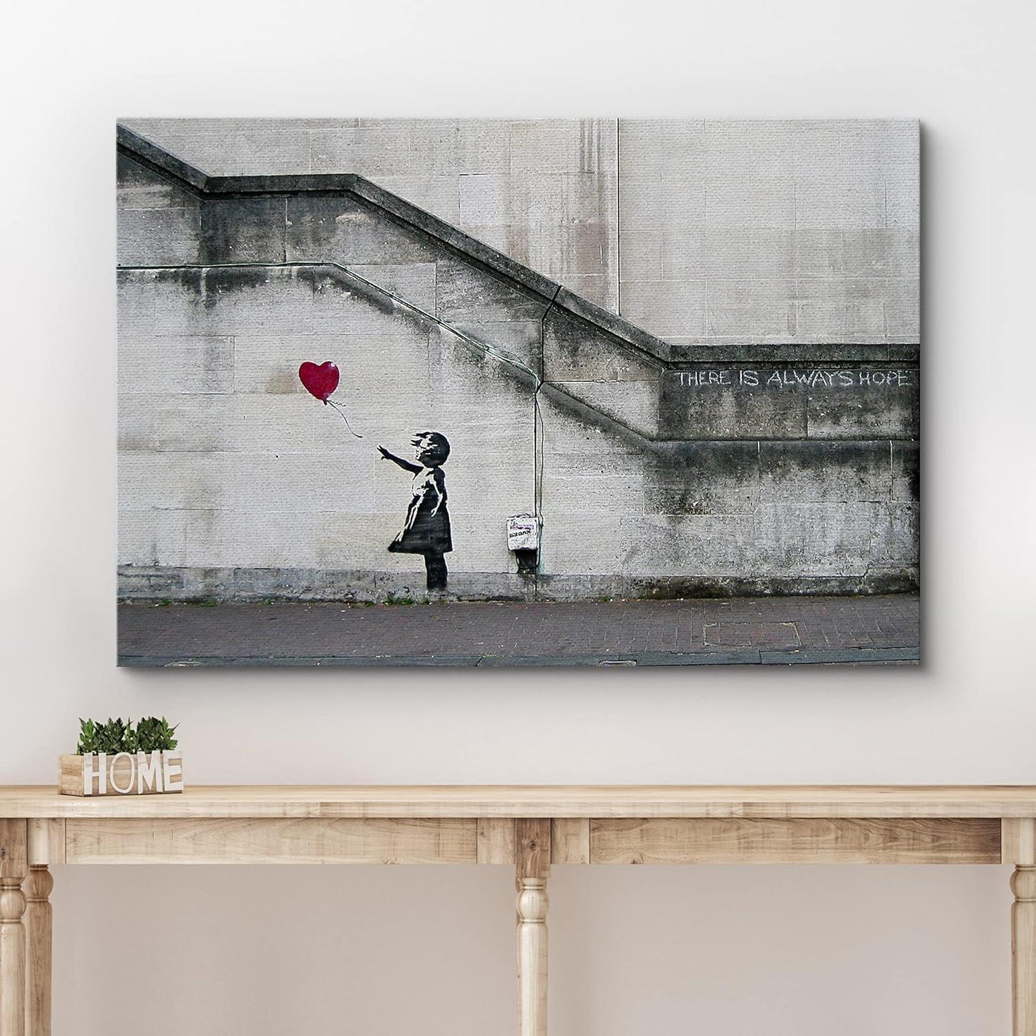 wall26 Canvas Print Wall Art Banksy There is Always Hope Girl with Balloon Graffiti & Street Art Pop Culture Illustrations Pop Art Bohemian Multicolor Dark for Living Room, Bedroom, Office - 12&q