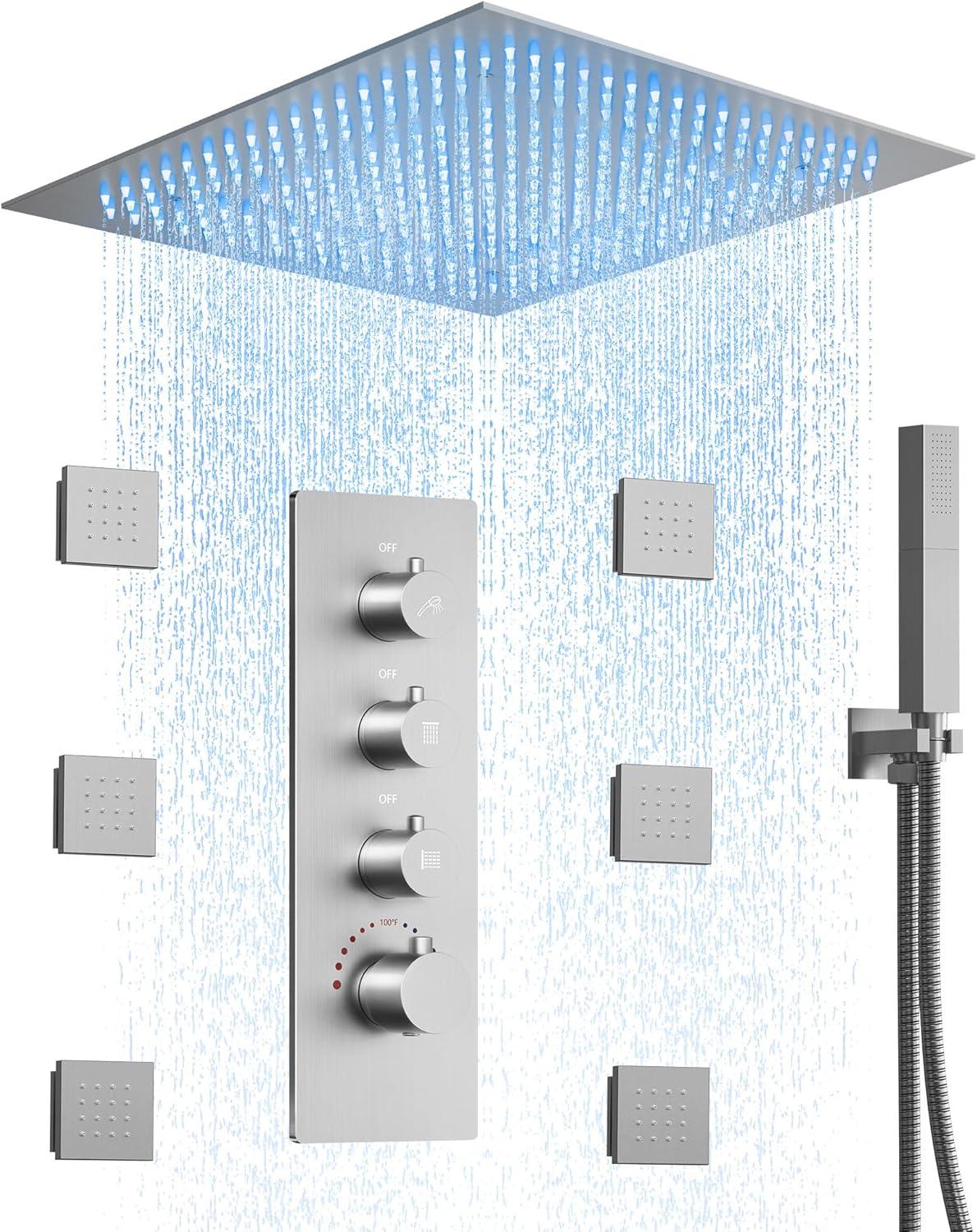 EVERSTEIN 20 inch Luxury LED Complete Rain Shower Head Faucet System with Celling Mount CUPC 2.5 GPM Thermostatic Rough in-Valve Body Jets & Handheld Spray, Brushed Nickel