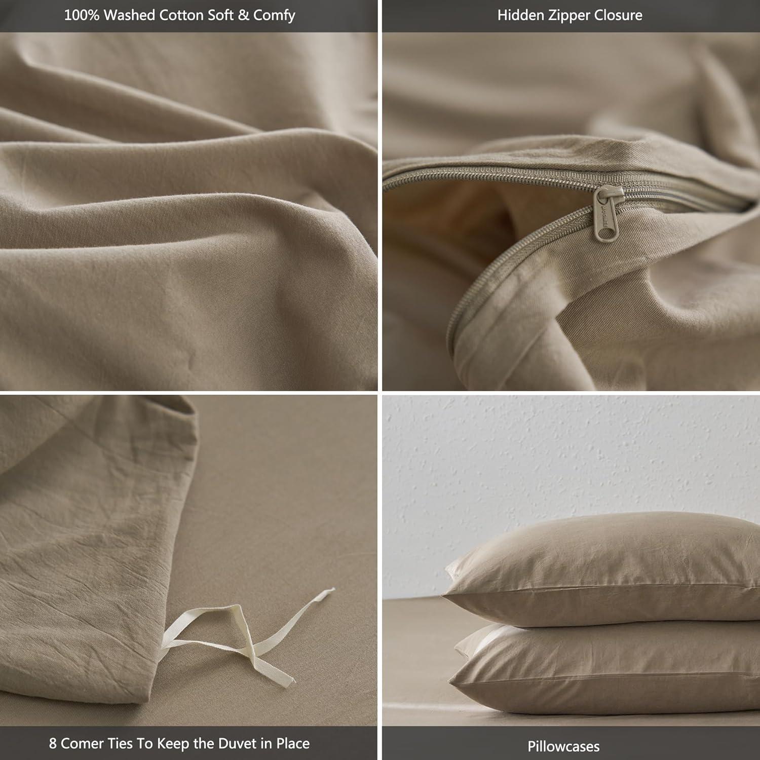 MooMee Washed Cotton Duvet Cover Set Linen Like Textured Breathable 3-Piece (Brown, Queen)