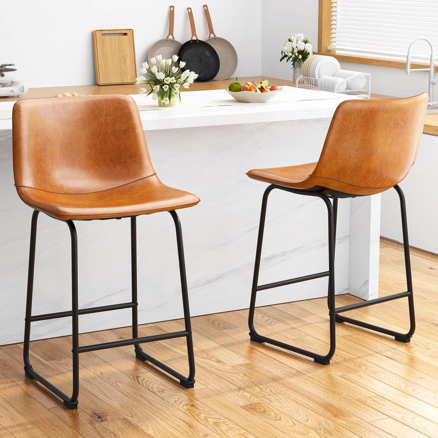 WM 26 inch Counter Height Bar Stools Set of 4, Modern Faux Leather High Barstools with Back and Metal Leg, Bar Chairs for Indoor & Outdoor, Brown
