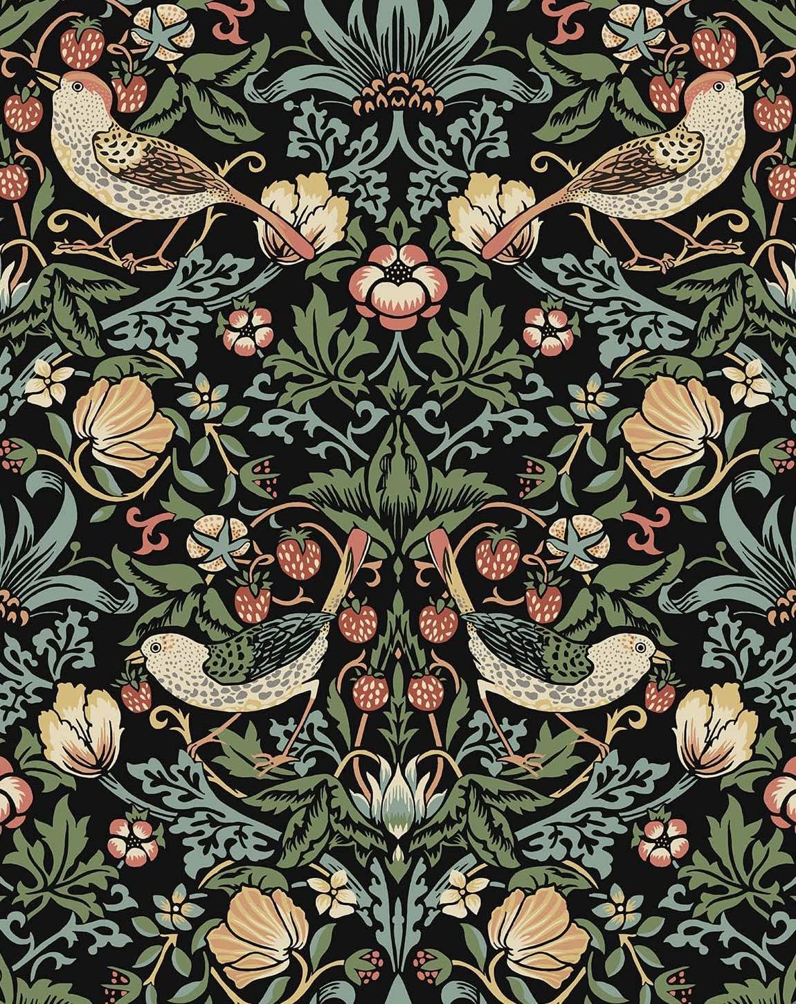 NextWall Aves Garden Peel and Stick Wallpaper Black: Whimsical Vintage Bird & Floral Design, Repositionable, Washable