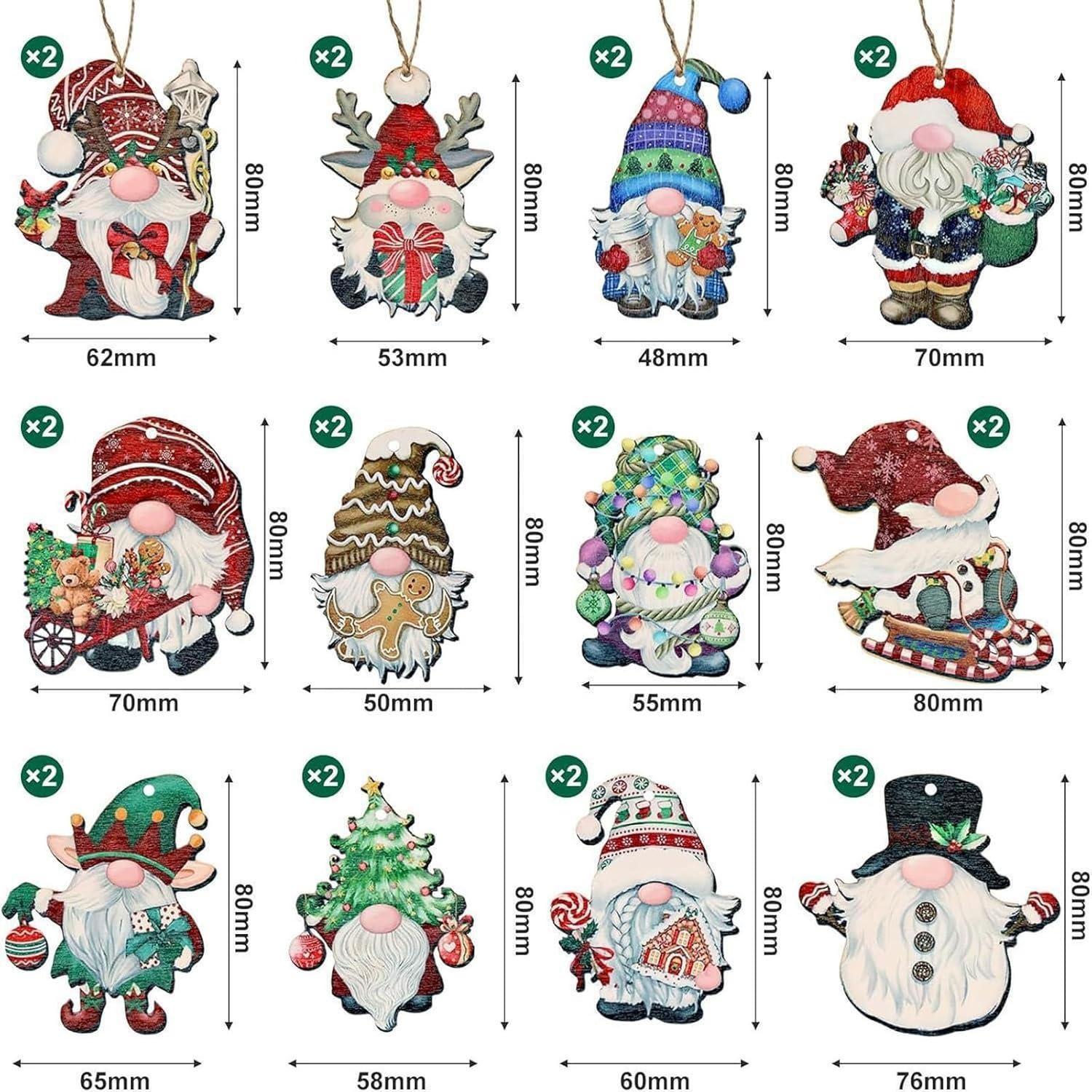 24pcs Gnome Christmas Ornaments Set - Festive Decorations with Wooden Gnomes for Tree Adornments & Ultimate Holiday Celebration Accessories