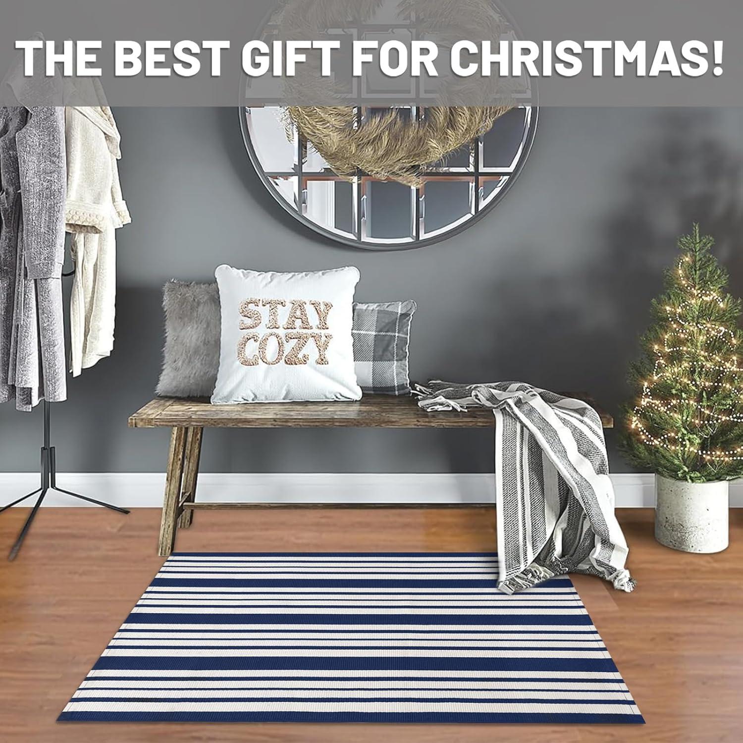 IOHOUZE Navy and White Striped Rug 2'x3' Front Door Rugs, Small Washable Area Rug for Front Porch, Spring Summer Doormats Outdoor Indoor, Cotton Rugs for Entryway Porch Entrance