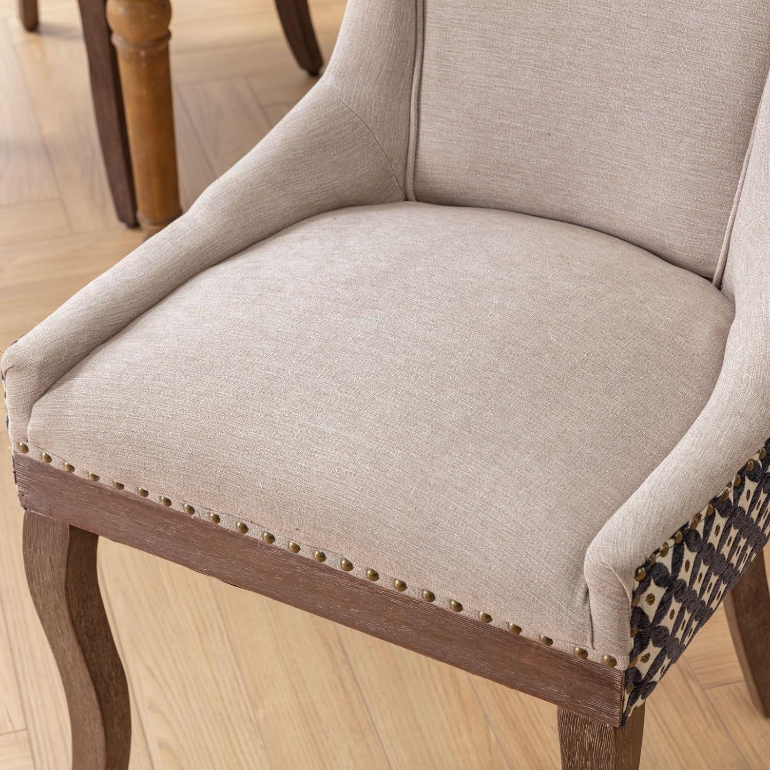 Beige and Black Upholstered Dining Chairs with Wood Legs