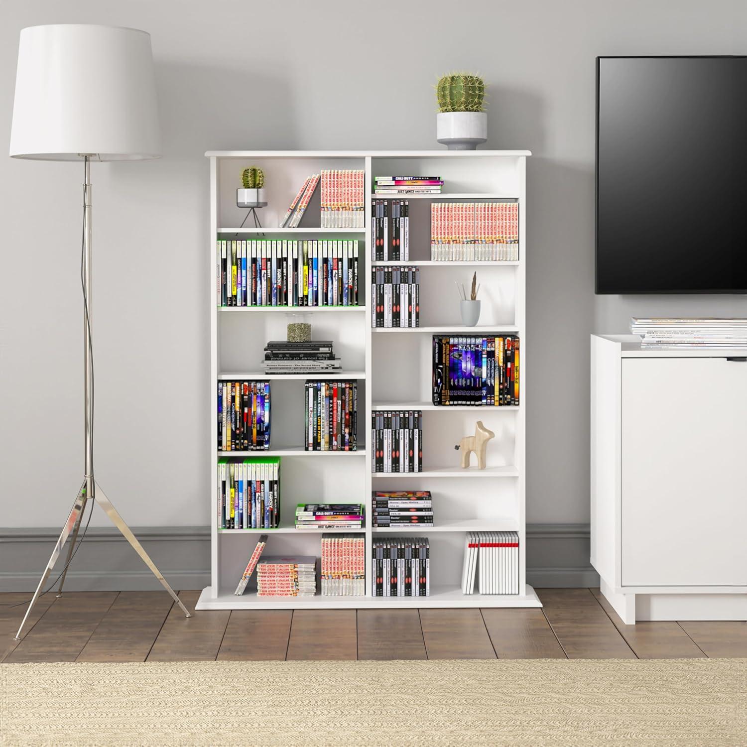 White Double Column Media Storage Cabinet with Adjustable Shelves